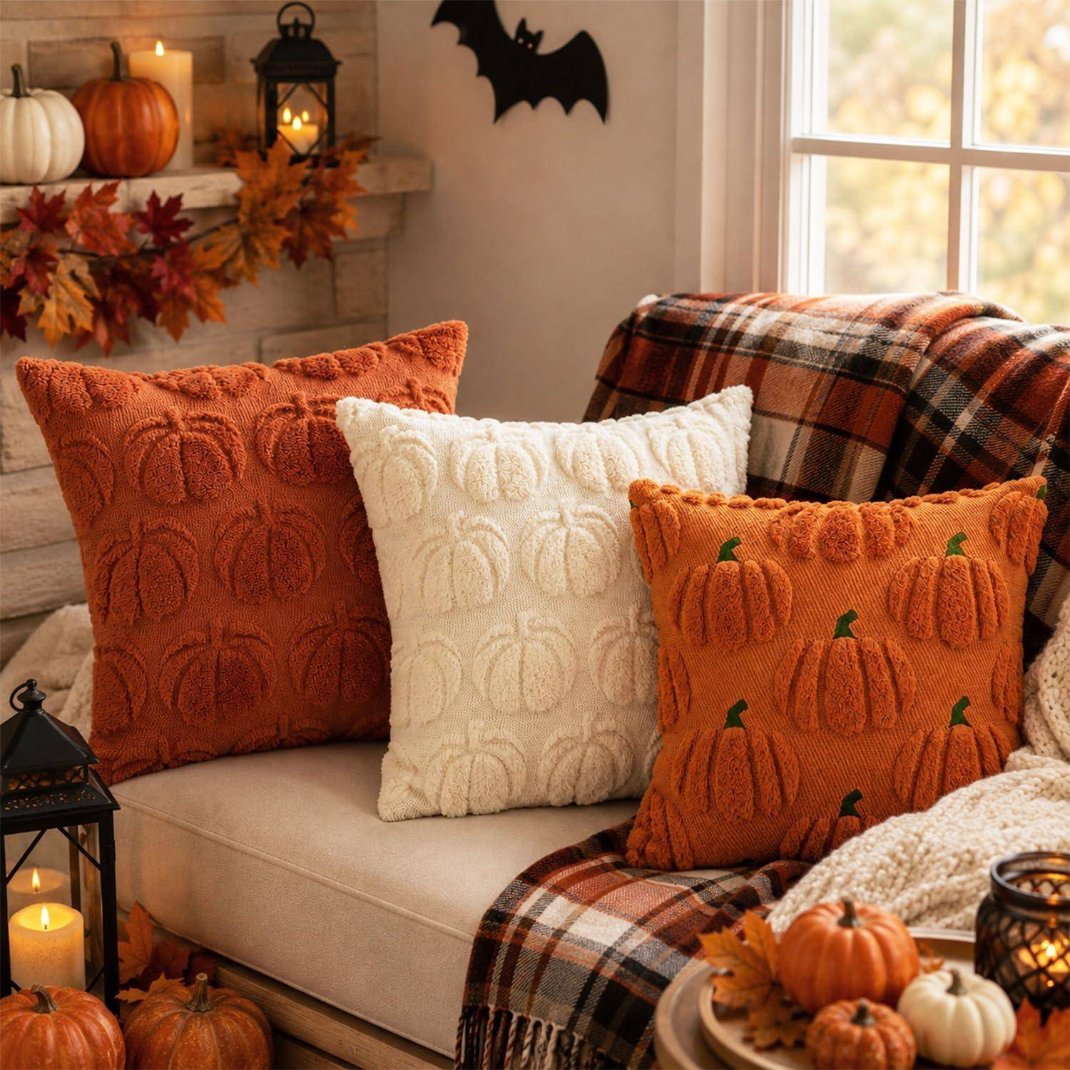 Gemütliches Wohnzimmer im Herbst mit einem beigefarbenen Sofa, kürbisthematischen Kissen, Kariowurf, Kerzen und Herbstdekorationen.
