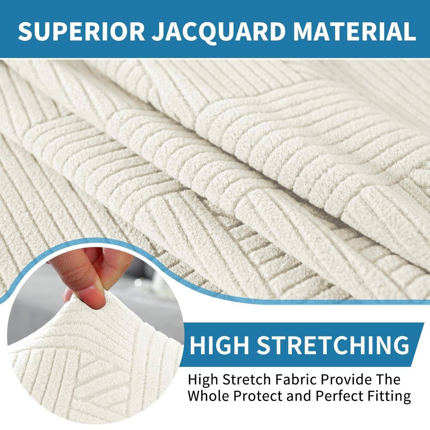 Werbegrafikk aus cremefarbigem Jacquard-Stoff mit Nahaufnahme der Textur und eingefügtem Bild einer Hand, die das Material dehnt; Der Text lautet „HOCHWERTIGES JACQUARD-MATERIAL" und „HOHE DEHNBARKEIT"".