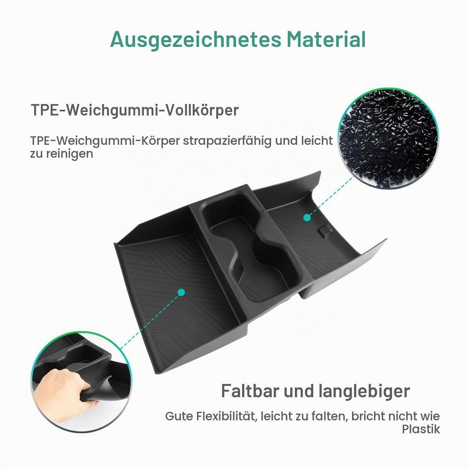 Diagramm eines zusammenklappbaren Katzenklos aus TPE-Weichgummi, das langlebiges, leicht zu reinigendes Material und flexible, bruchsichere Konstruktion hervorhebt.