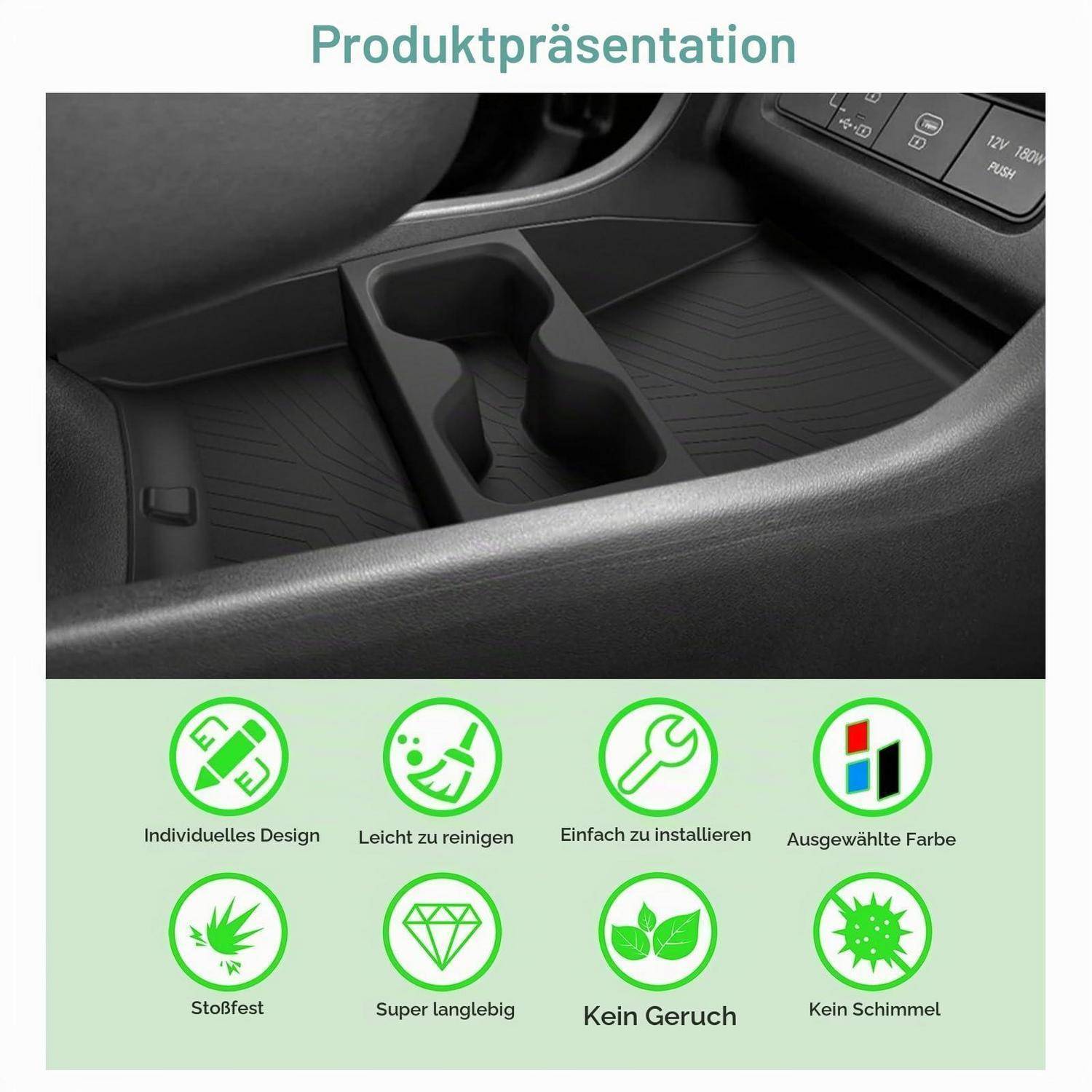 Präsentation eines Autokonsolen-Produkts mit eingelegtem Organisator-Einsatz; Symbole heben hervor: individuelles Design, einfache Reinigung, einfache Installation, Farbauswahl, Stoßfestigkeit, Langlebigkeit, geruchlos und schimmelfrei.