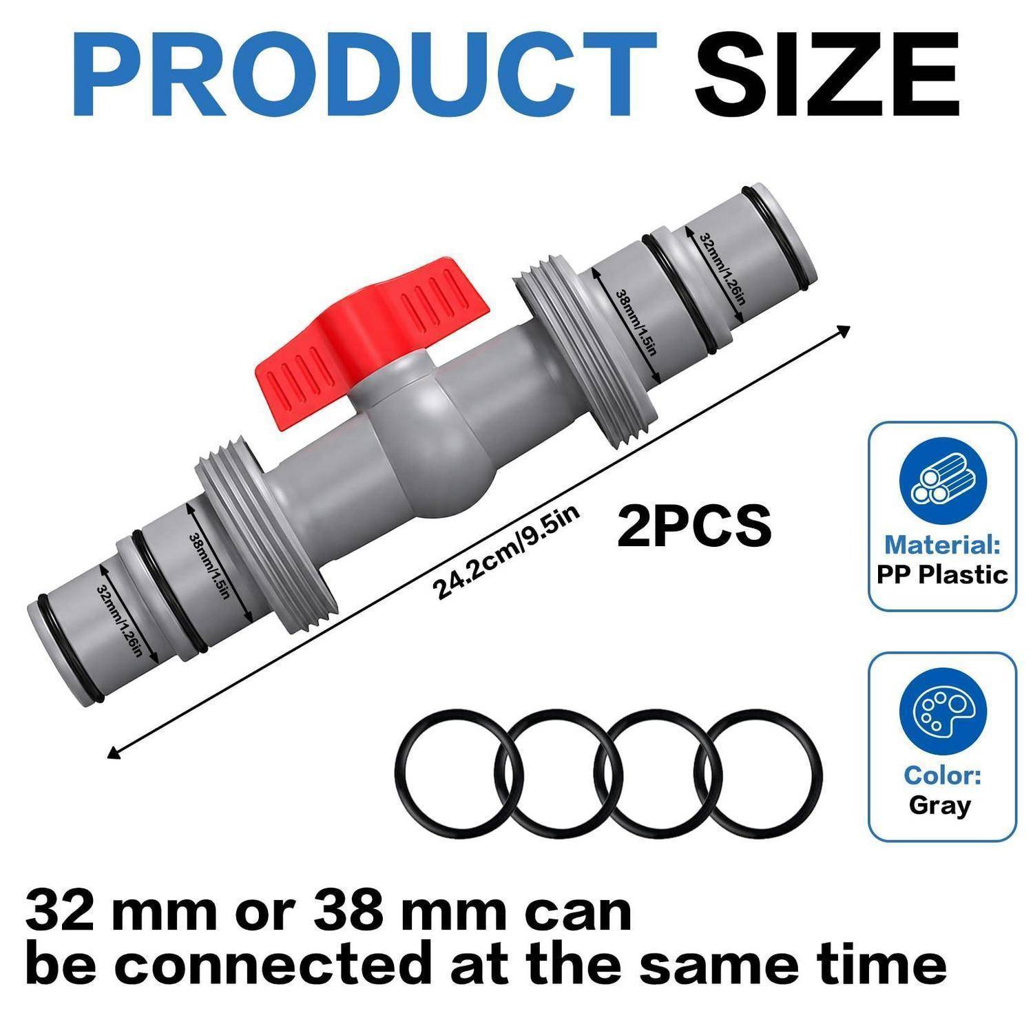 Produktgrößenbild eines grauen PP-Kunststoffschlauchangschlussgeräts mit rotem Ventil, das eine Länge von 24,2 cm zeigt, 2 Stück und Kompatibilität mit 32 mm oder 38 mm Schläuchen.