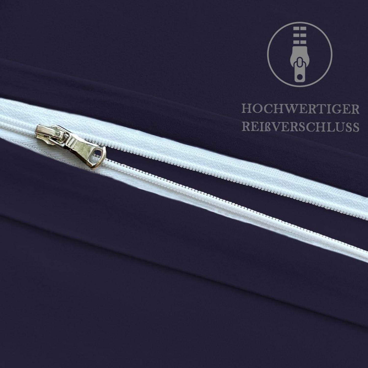 Nahaufnahme eines weißen Reißverschlusses auf dunklem Stoff, mit Symbol und deutschem Text „HOCHWERTIGER REIßVERSCHLUSS", der einen hochwertigen Reißverschluss kennzeichnet.