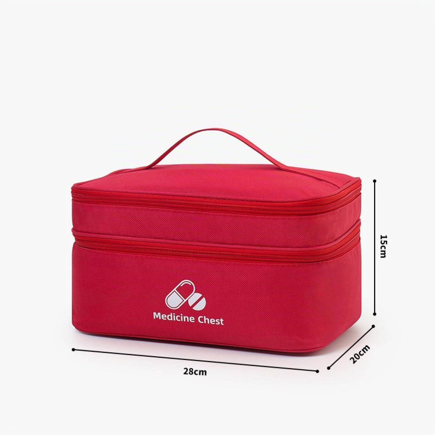 Rote Medizinaufbewahrungstasche mit Griff, beschriftet mit „Medizinschrank", mit den Abmessungen 28 cm breit, 20 cm tief und 15 cm hoch.