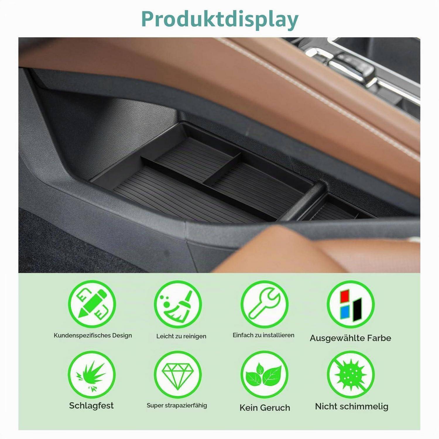 Tabletteinsatz der Mittelkonsole im Auto, der in einer Produktpräsentation gezeigt wird, mit Symbolen, die individuelles Design, leichte Reinigung, einfache Installation, Farboptionen, Langlebigkeit, Geruchsfreiheit und Schimmelaltenbeständigkeit hervorheben.