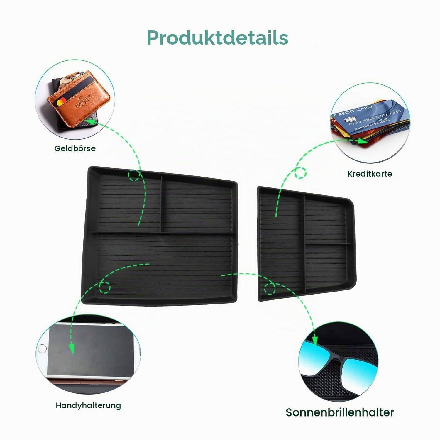 Produktdetail-Grafik mit zwei schwarzen Autositzlehnentaschen mit Fächern für Geldbörse, Kreditkarte, Handyhalter und Sonnenbrillenfach.