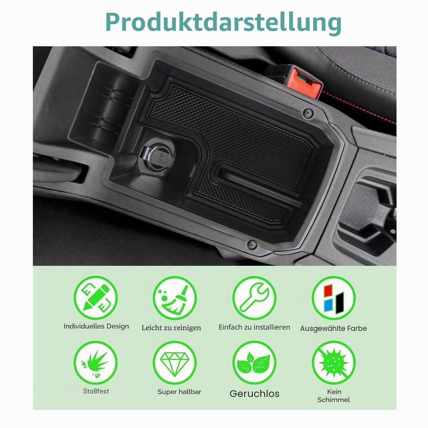 Produktdarstellung eines schwarzen Autoinnenraum-Aufbewahrungsbehälters mit Text „Produktdarstellung" und Symbolen für benutzerdefiniertes Design, einfache Reinigung, einfache Installation, ausgewählte Farbe, langlebig, geruchlos und schimmelfrei.