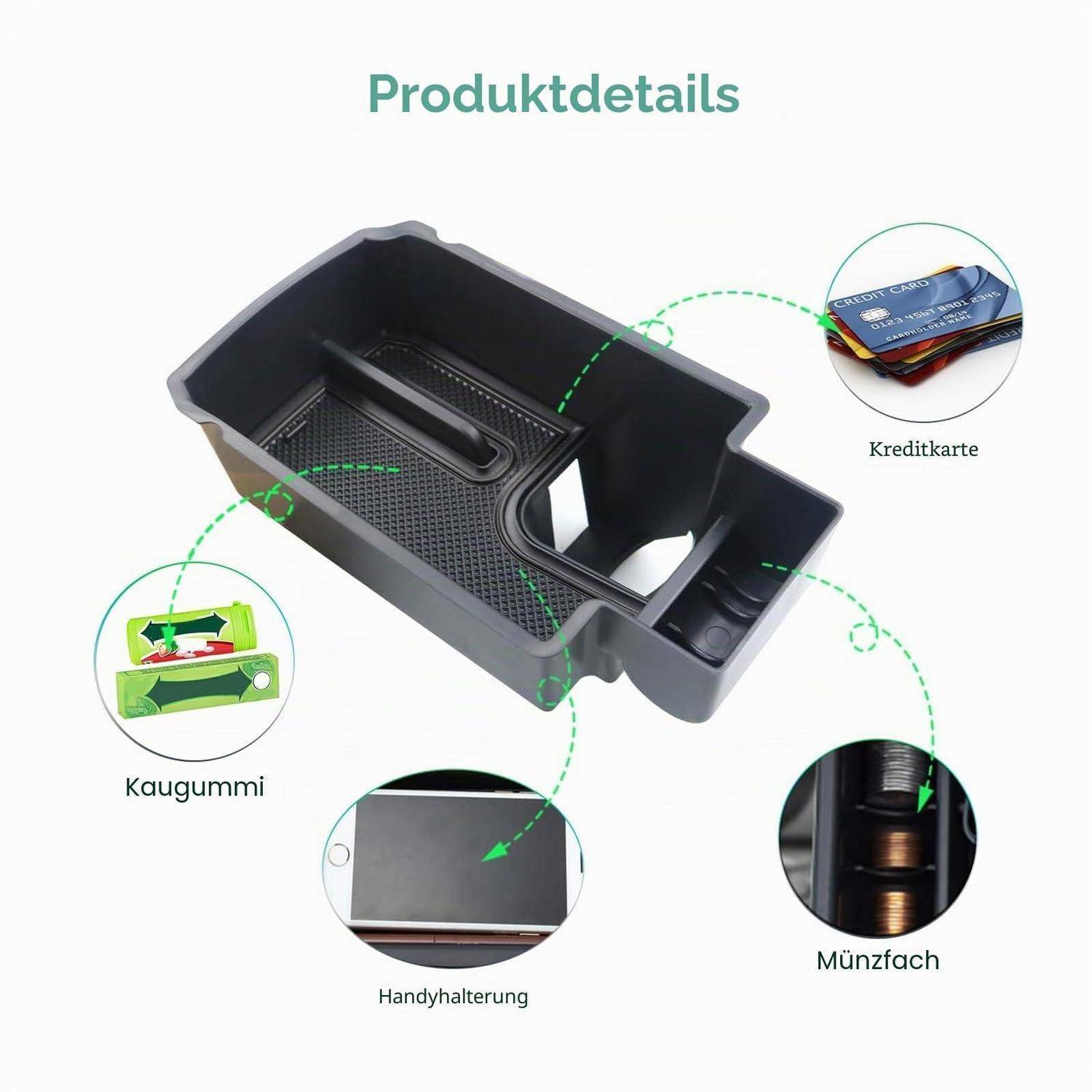Produktdetailbild einer Auto-Organizer-Schale mit beschrifteten Fächern für Kreditkarten, Kaugummi, eine Telefonhalterung und einen Münzschlitz.