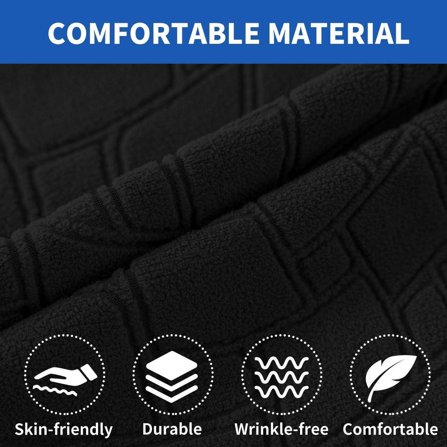 Schwarzer strukturierter Stoff mit der Bezeichnung „KOMFORTABLES MATERIAL" mit Symbolen, die hautfreundliche, langlebige, knitterfreie und komfortable Eigenschaften hervorheben.