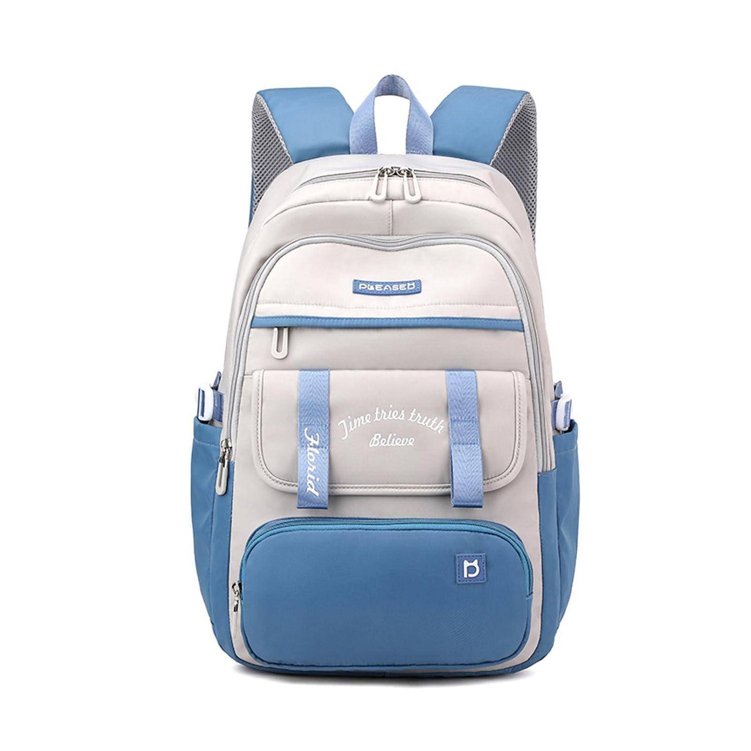 Blauer und grauer Rucksack mit mehreren Reißverschlusstaschen und seitlichen Flaschenhaltern, von vorne auf weißem Hintergrund dargestellt.