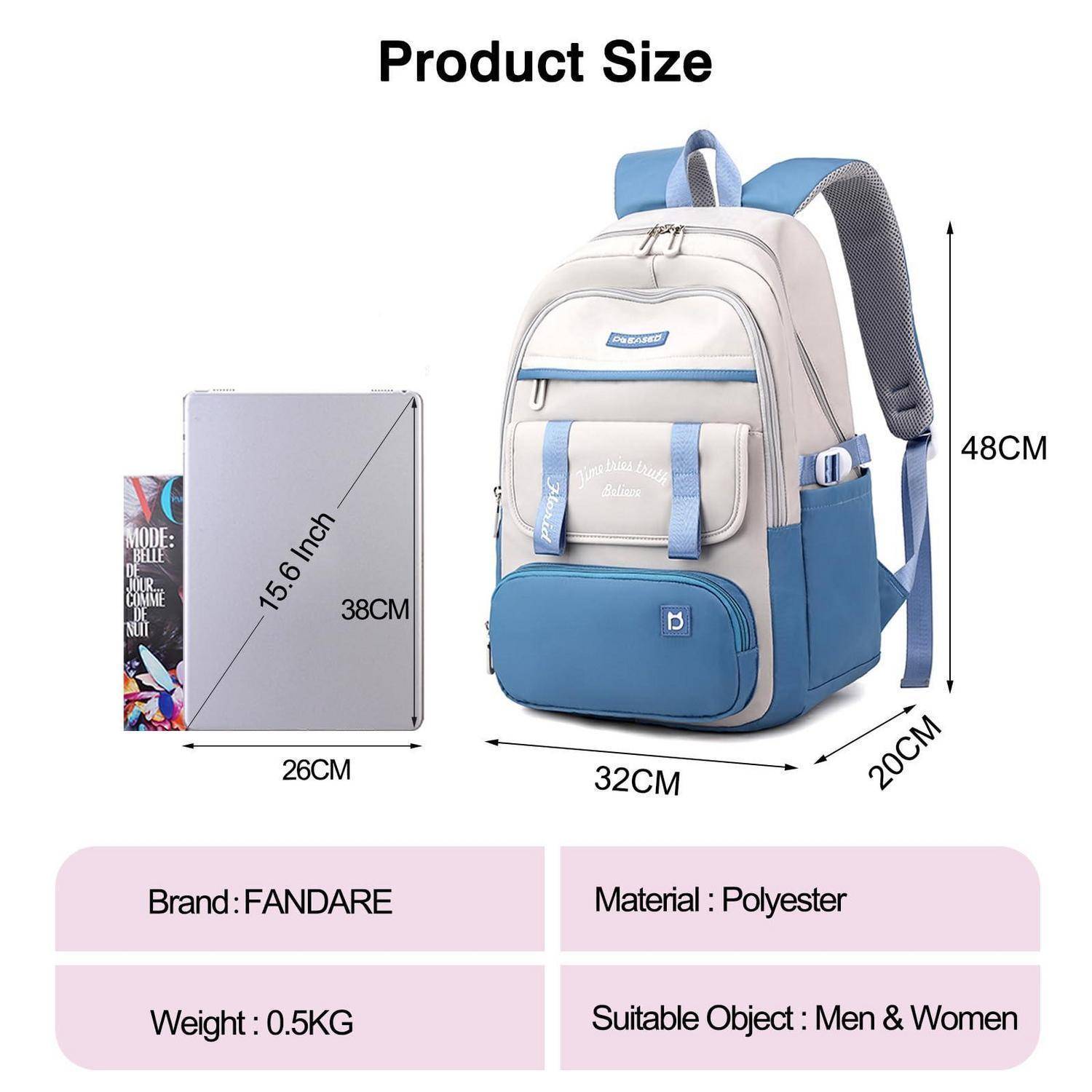 Größentabelle für einen FANDARE Polyester-Rucksack mit Abmessungen von 48 cm Höhe, 32 cm Breite, 20 cm Tiefe, passt für 15,6-Zoll-Laptop; Gewicht 0,5 kg, für Männer und Frauen.