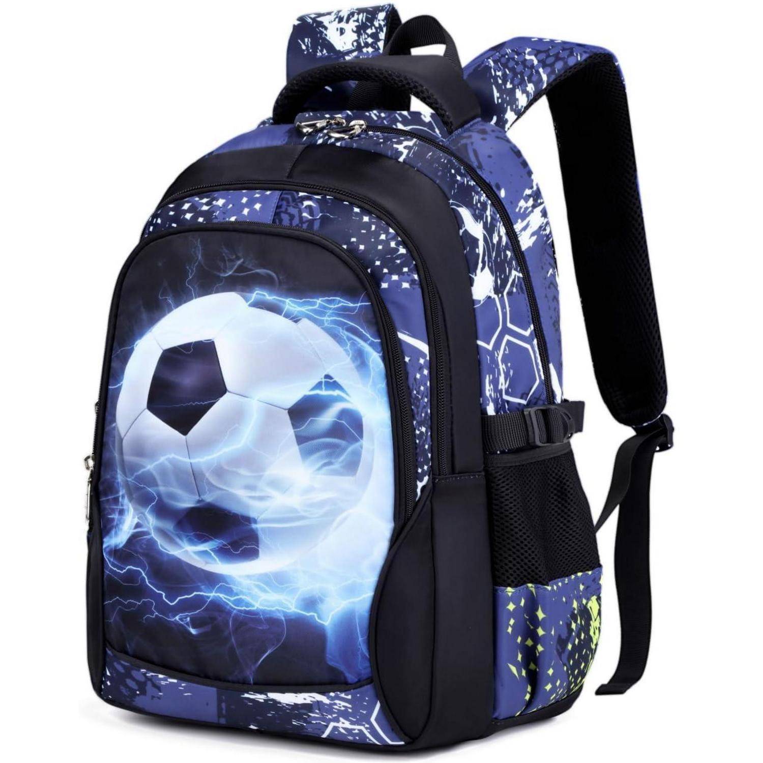 Blau-schwarzer Rucksack mit großem Blitzfußball-Grafik an der Vorderseite, gezeigt auf weißem Hintergrund.