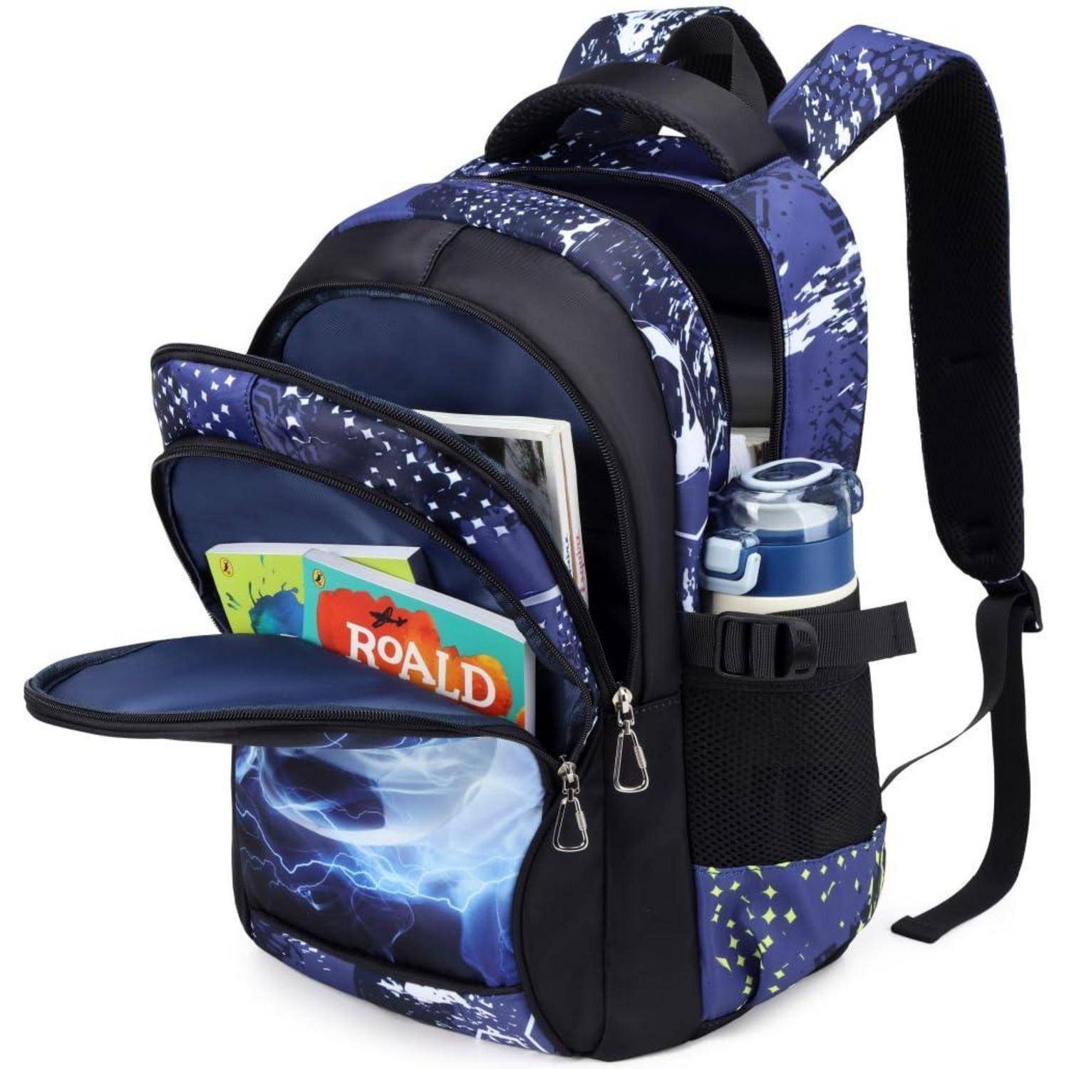 Blauer Rucksack mit Muster mit mehreren Reißverschlussfächern, Vordertasche mit Büchern, seitliche Netztasche mit Flasche und gepolsterte Schultergurte.