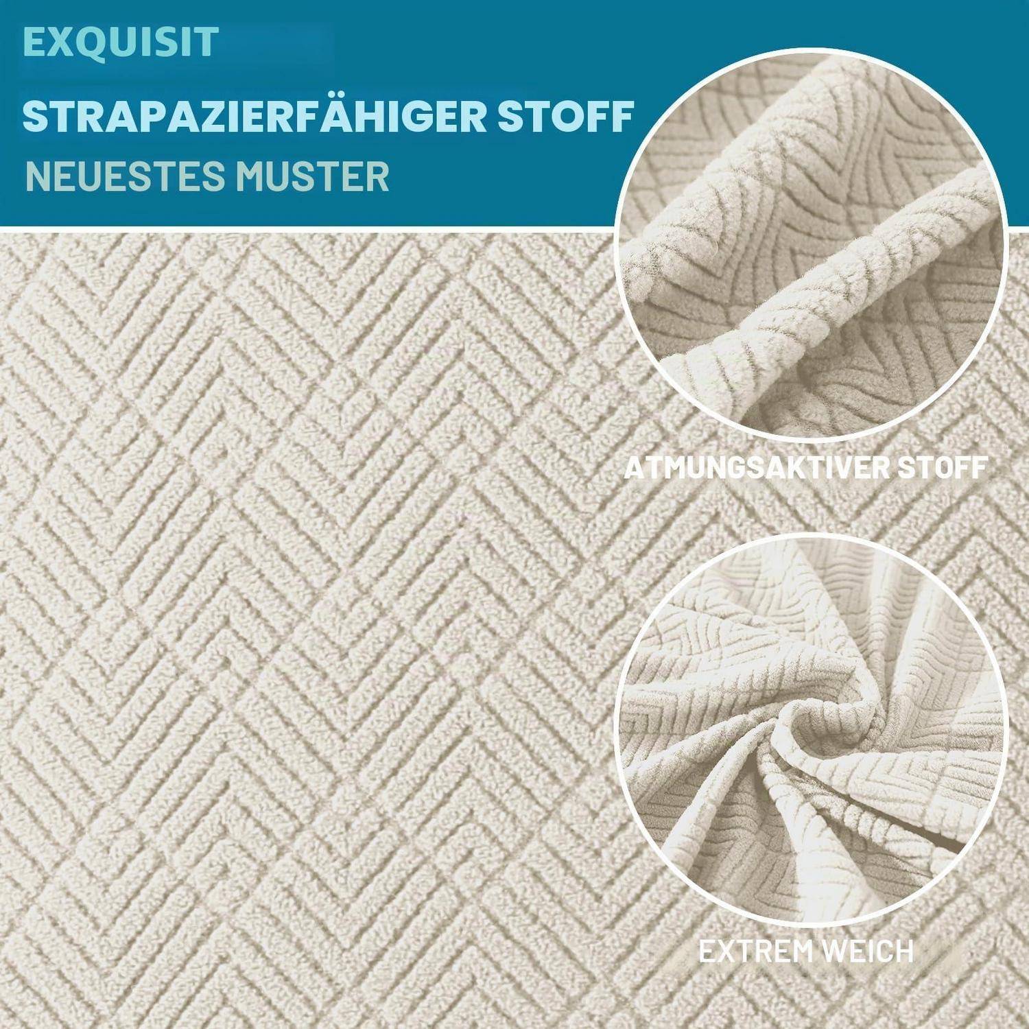 Strukturierter beigefarbener Stoff-Werbeprospekt mit deutschen Beschriftungen „EXQUISIT", „STRAPAZIERFÄHIGER STOFF"", „NEUESTES MUSTER"", „ATMUNGSAKTIVER STOFF"" und „EXTREM WEICH"", zeigt Nahaufnahme der Webart und drapiertes Material.