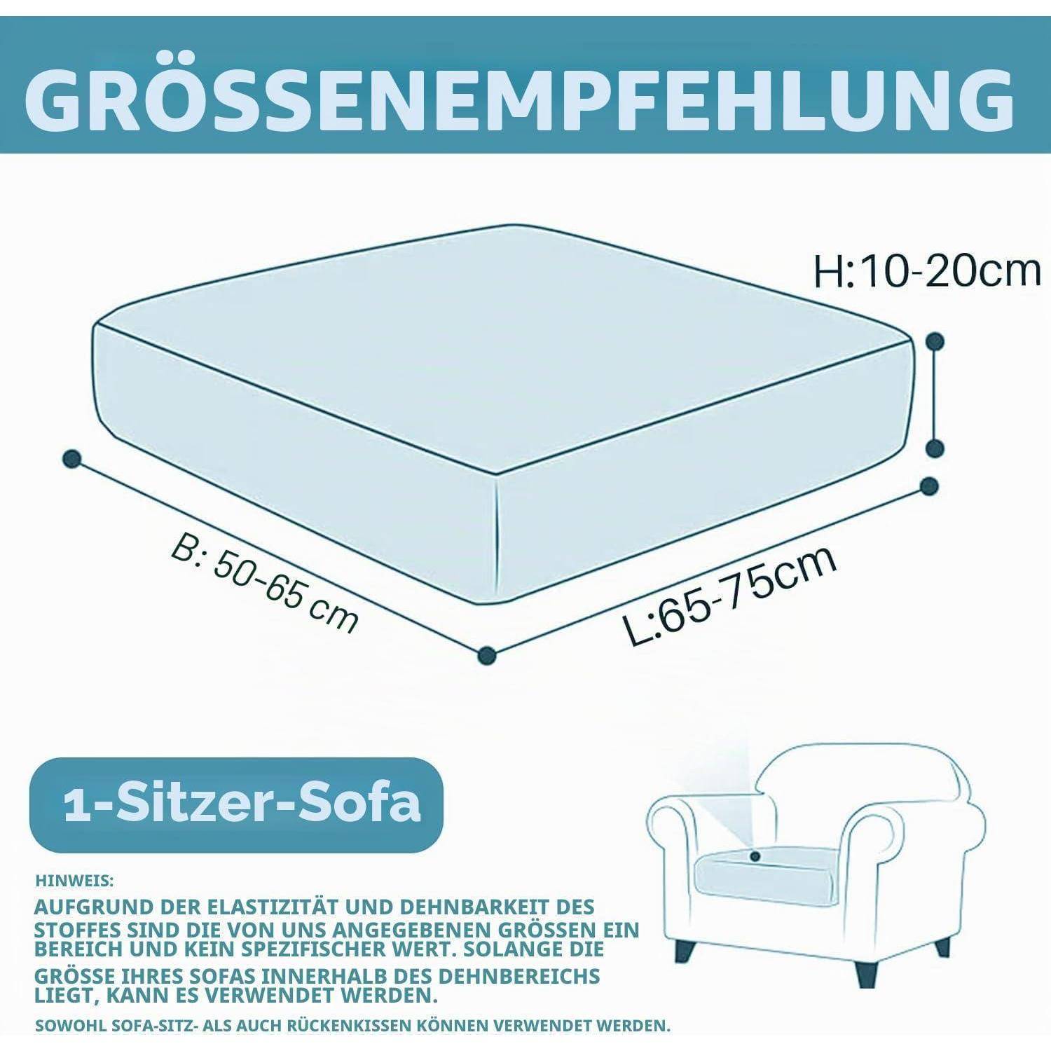 Größenleitfaden für 1-Sitzer-Sofakissen: Höhe 10–20 cm, Breite 50–65 cm, Länge 65–75 cm.
