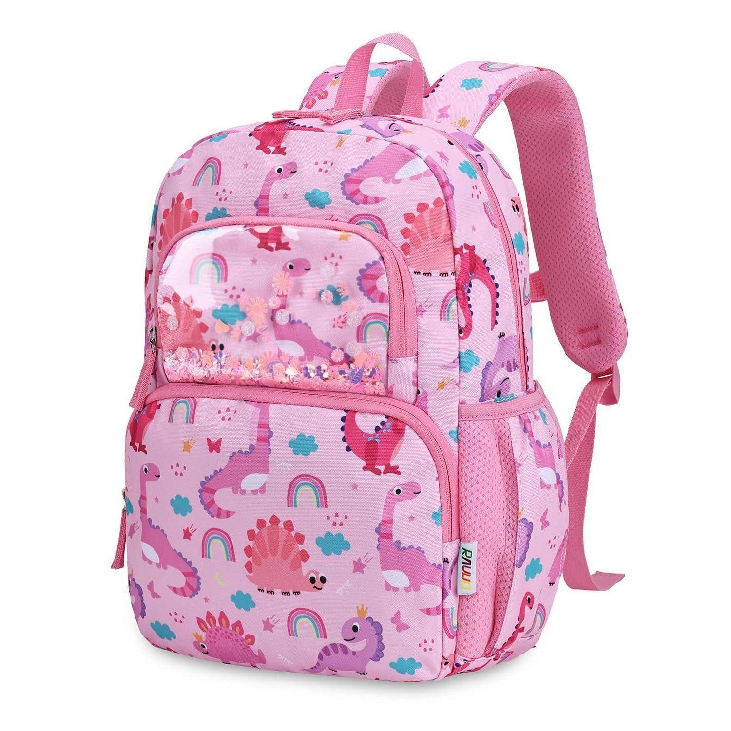 Rosiger Kinderrucksack mit Dinosaurier-, Regenbogen- und Wolkenmuster, mit einer vorderen Reißverschlusstasche, seitlichen Netztaschen und gepolsterten Schultergurten.