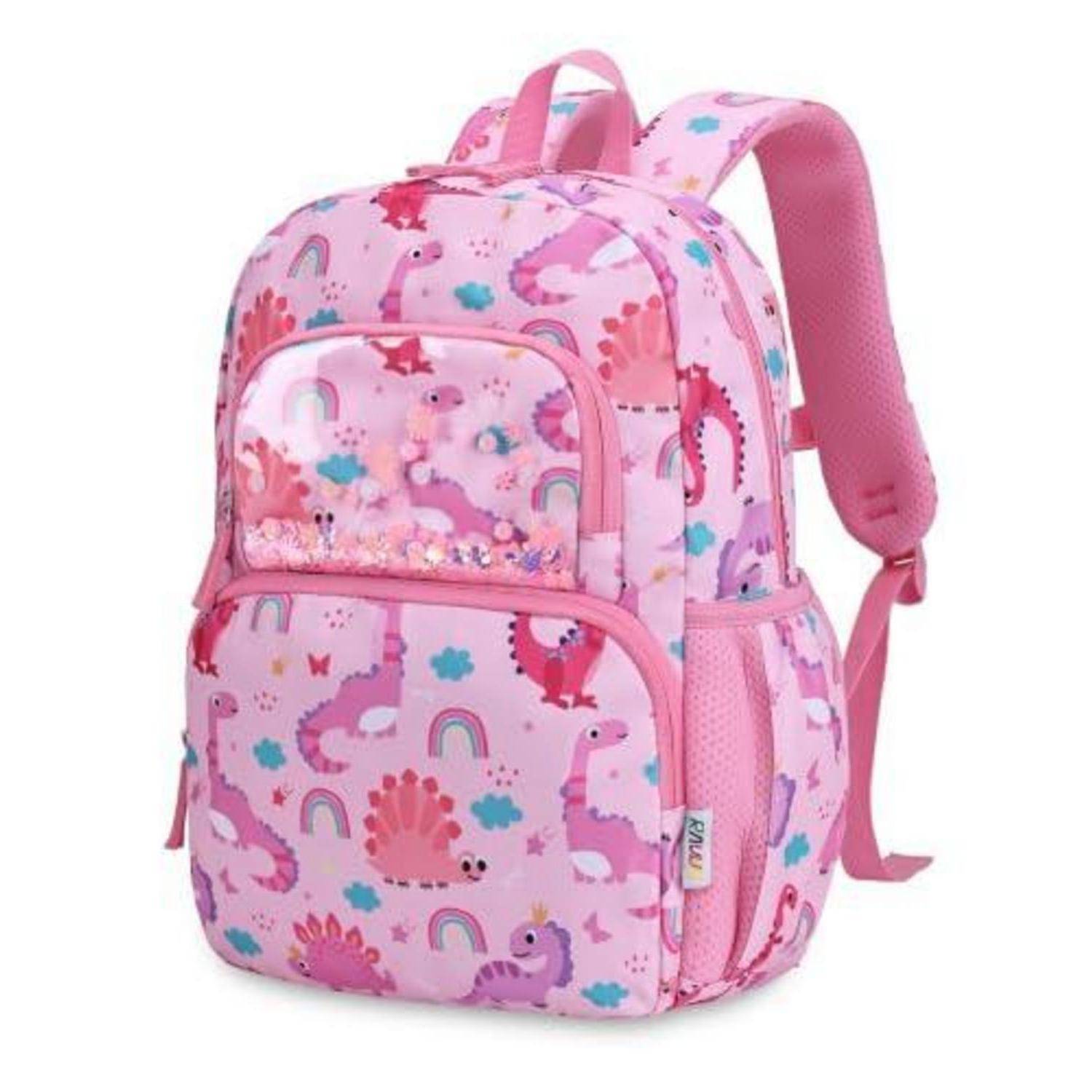 Rosa Kinderrucksack mit Cartoon-Einhörnern, Regenbögen, Wolken und Sternen, von vorne auf weißem Hintergrund dargestellt.