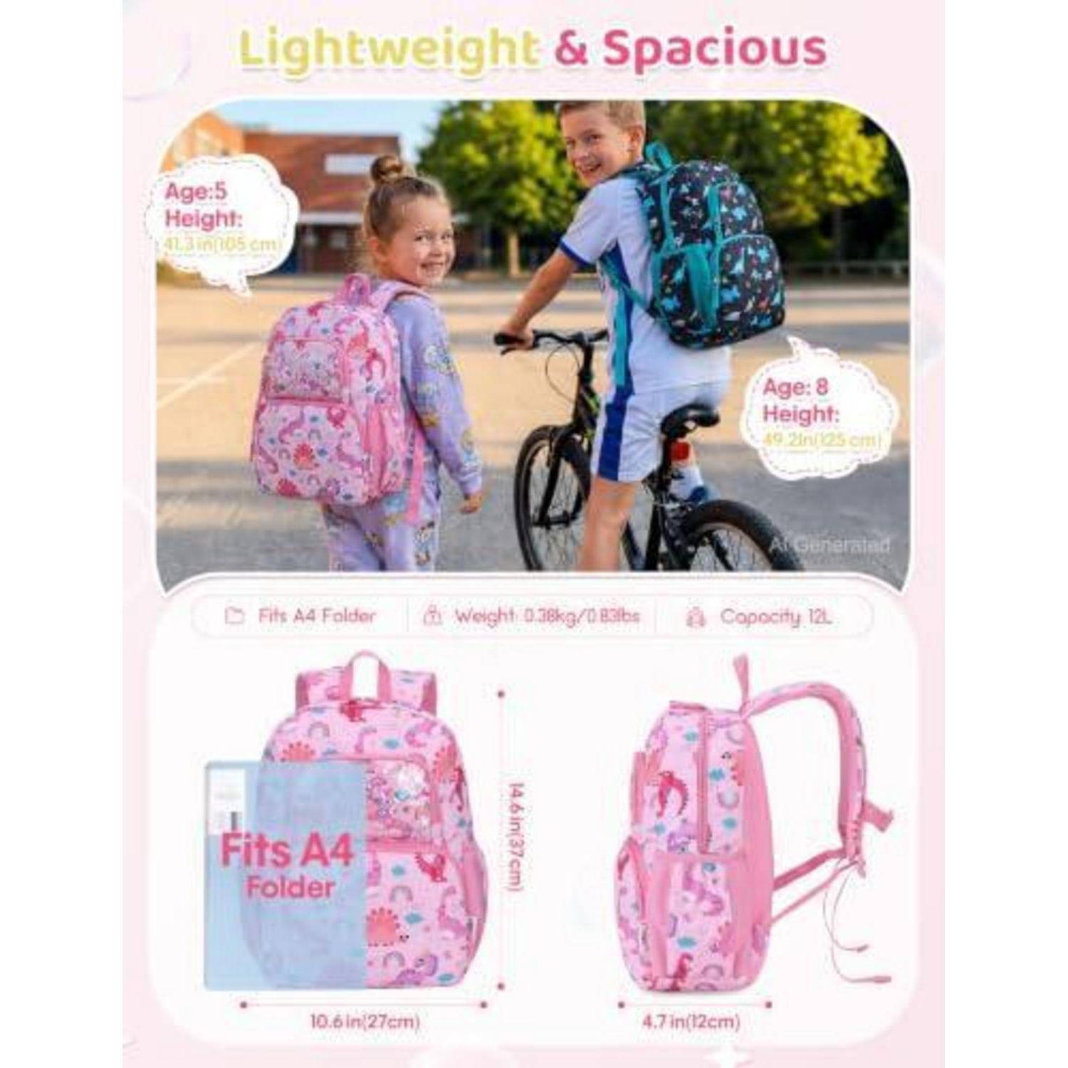 Rosa Kinder-Rucksack-Anzeige mit zwei Kindern mit Rucksäcken und Produktdetails: passt zu A4-Ordner, Gewicht 0,38 kg, Kapazität 12 l, Abmessungen 10,6 x 4,7 x 15,7 Zoll.