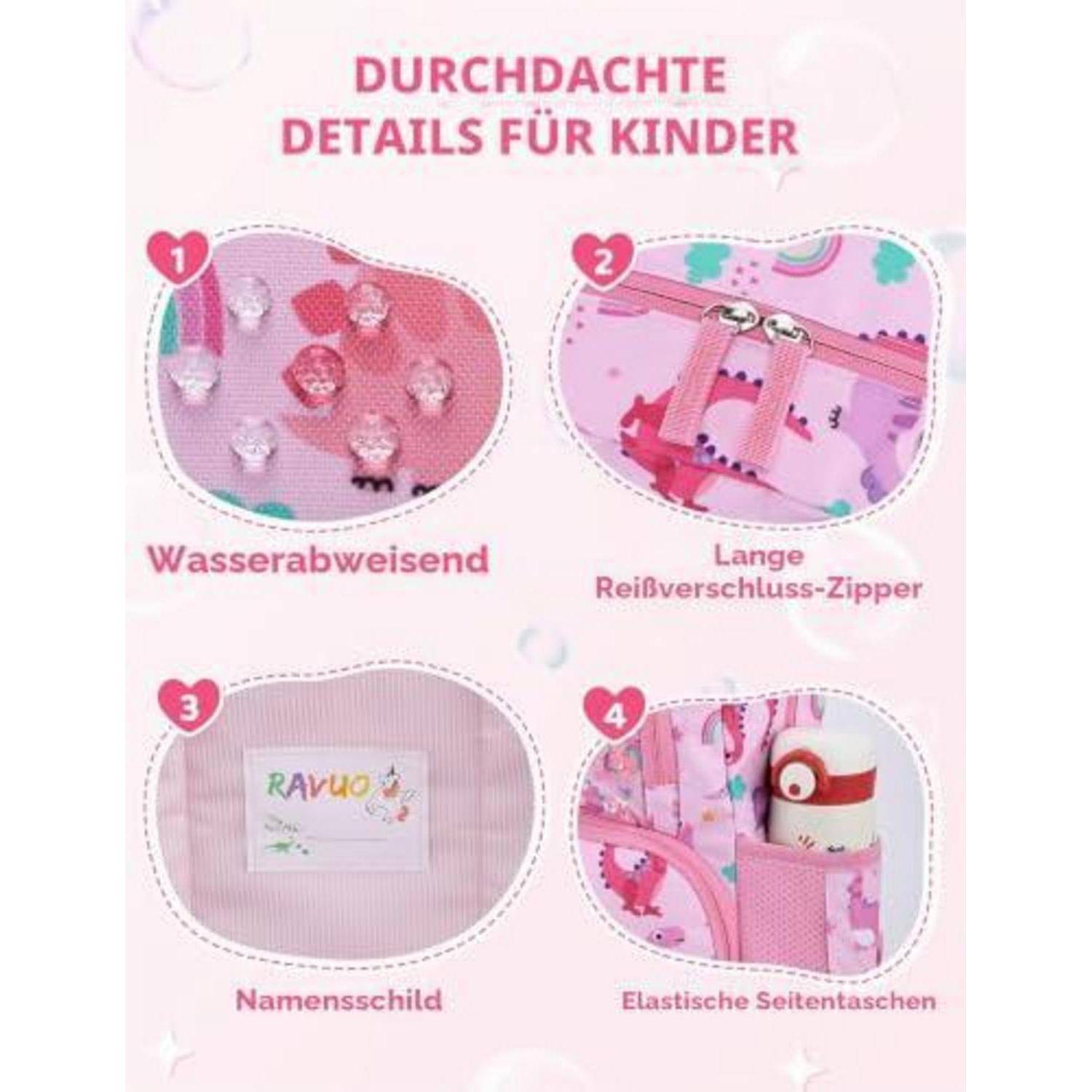 Rosaruckzack für Kinder mit folgenden Eigenschaften: wasserabweisendes Material, langer Reißverschluss, Namensschildchen und elastische Seitentaschen.