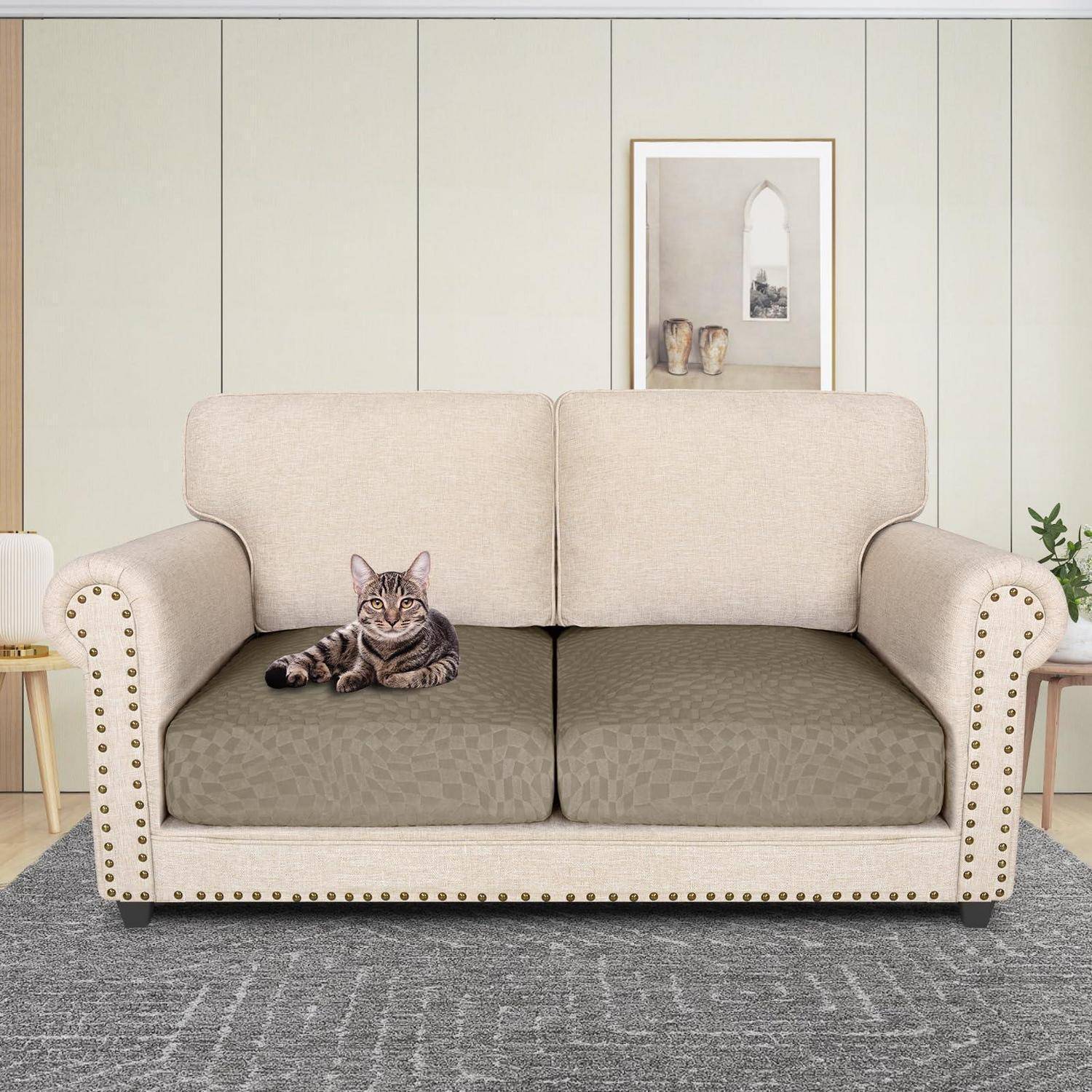Getigerte Katze ruht auf einem beigen Zweisitzer-Sofa mit grünen Kissen in einem hellen, minimalistischen Wohnzimmer.