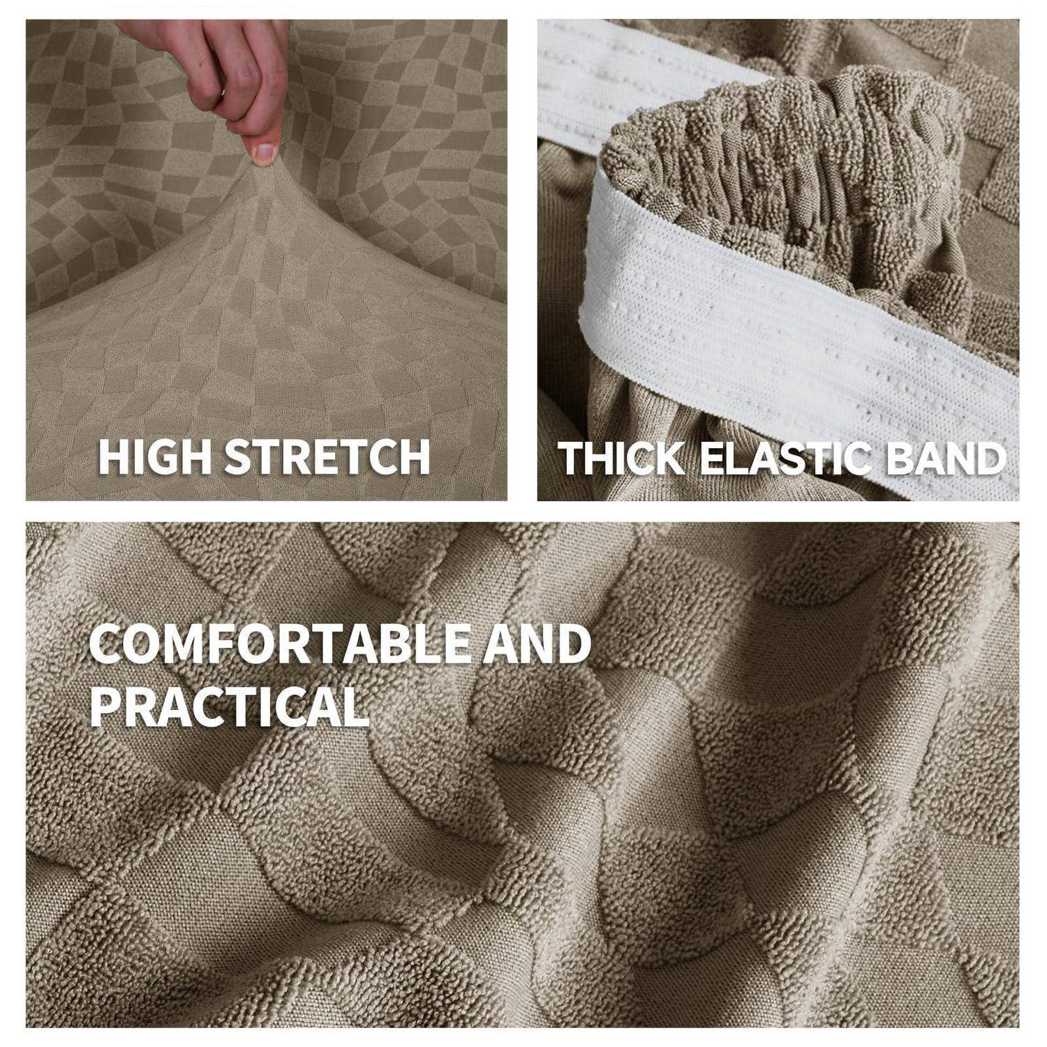 Collage mit strukturiertem beigem Stretch-Stoff mit dickem elastischem Bund; Text hebt „HOHE DEHNBARKEIT" und „KOMFORTABEL UND PRAKTISCH"" hervor.