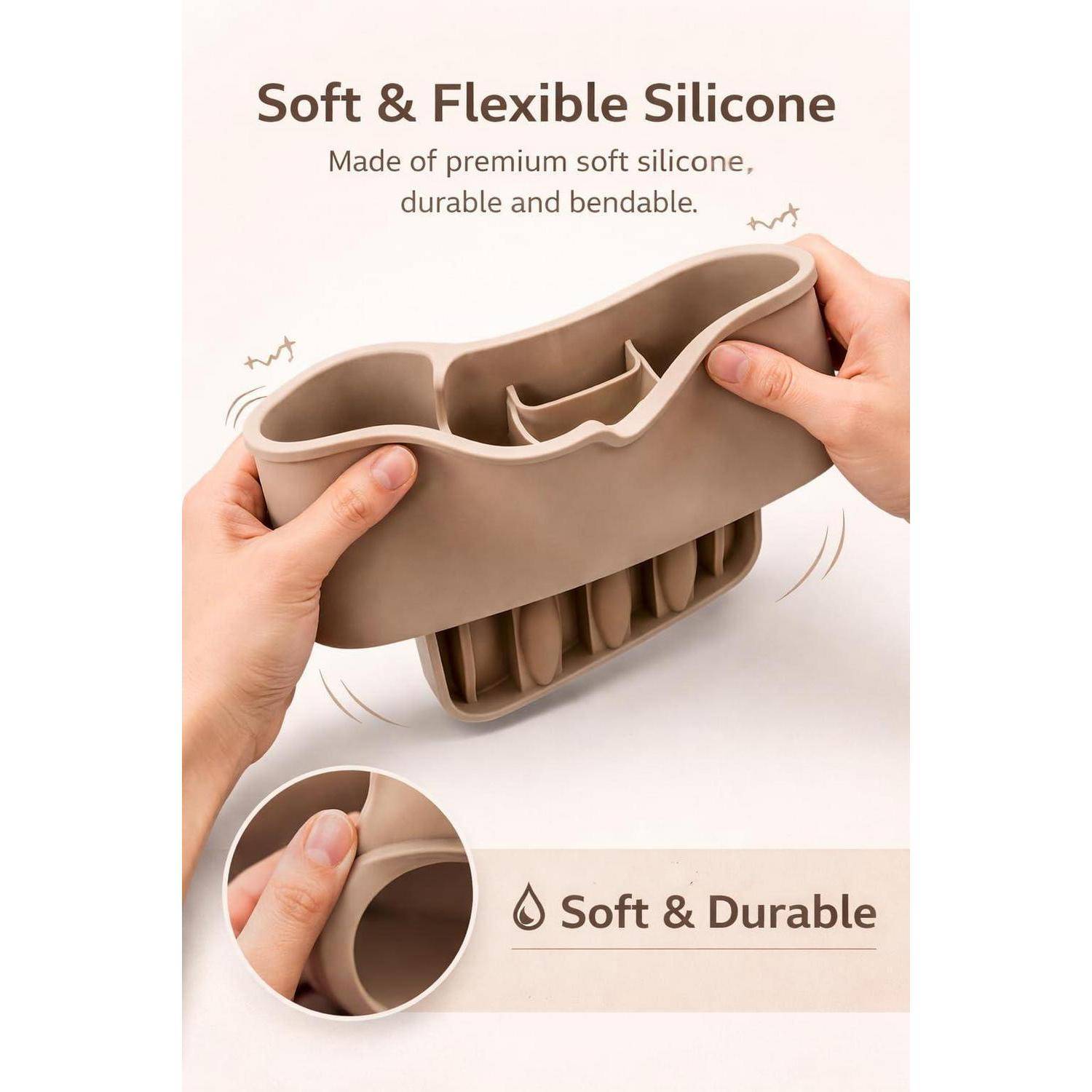 Hände, die ein beiges Silikonformular biegen, wobei die Flexibilität gezeigt wird; der Text lautet „Weiches und flexibles Silikon
