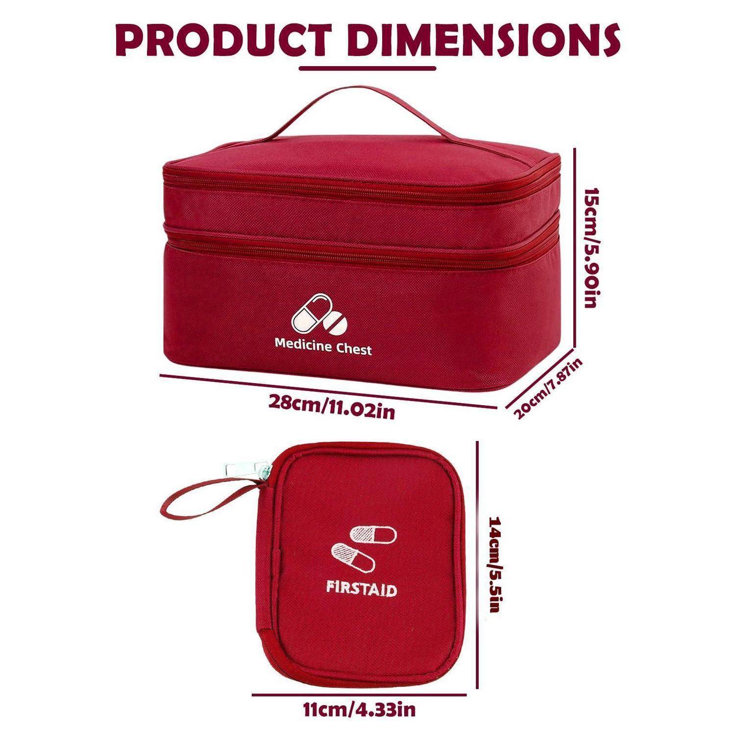 Produktdimensionsdiagramm mit einer roten Medizinschrank und Erste-Hilfe-Kasten; Schrank misst 28 x 20 x 15 cm, Kasten 11 x 14 cm.