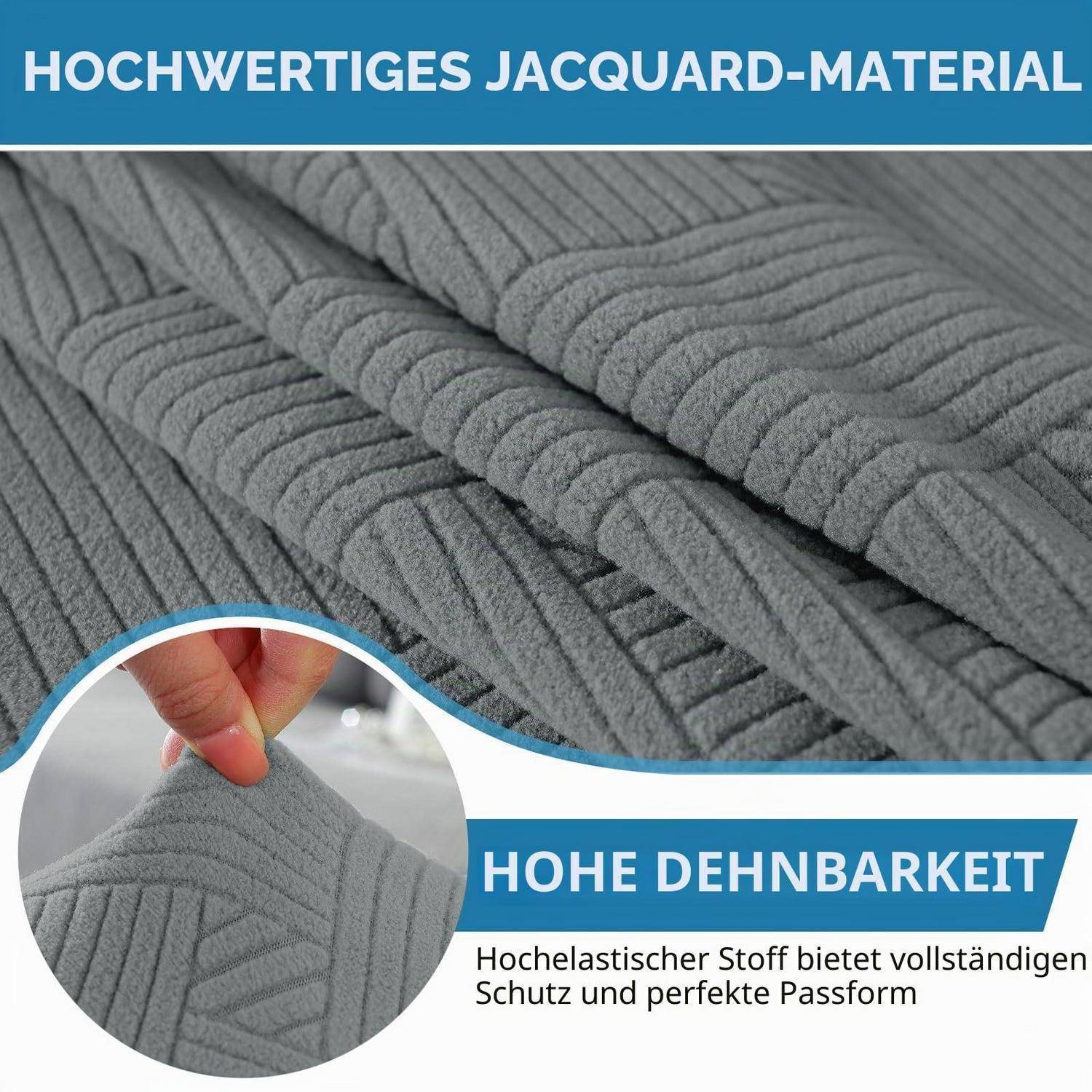 Grauer Jacquard-Stoff in Nahaufnahme mit eingefügter Hand, die das Material dehnt; Deutscher Text sagt "hochwertiges Jacquard-Material"" und ""hohe Elastizität"" für vollständigen Schutz und perfekte Passform.