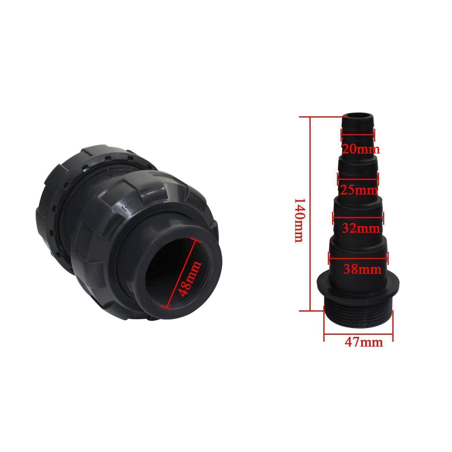 Schwarzer Kunststoff-Reduzierstutzen in zwei Ansichten mit beschrifteten Maßen: 140 mm Höhe, 47 mm Basis und Öffnungen von 20, 25, 32, 38 und 48 mm.