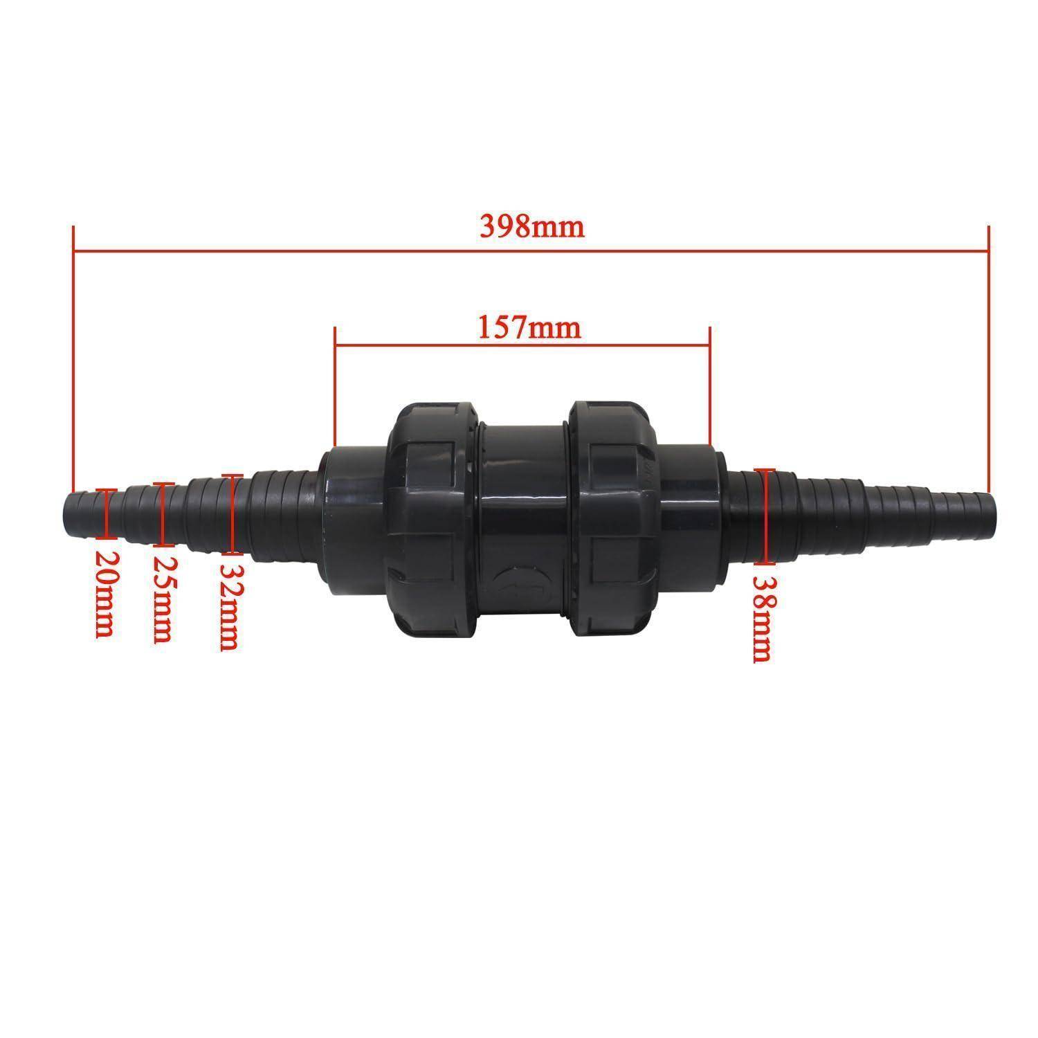 Schwarzer Inline-Schlauchanschluss mit gestuften Stachel­enden; Gesamtlänge 398 mm, Mittelteil 157 mm, Enddurchmesser 20 mm, 25 mm, 32 mm und 38 mm.