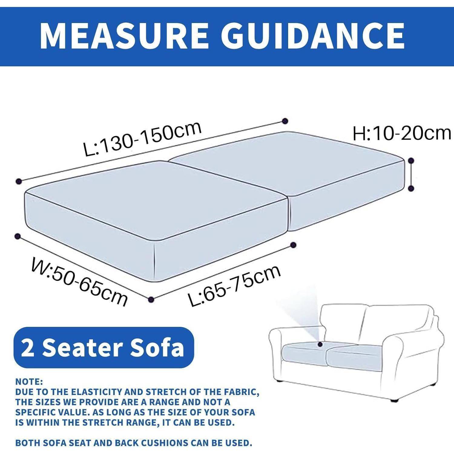 Messleitfaden für einen 2-Sitzer-Sofabezug: passt auf Sofas 130-150 cm oder 65-75 cm lang, 50-65 cm breit und 10-20 cm hoch; sowohl Sitz- als auch Rückenkissen können verwendet werden.