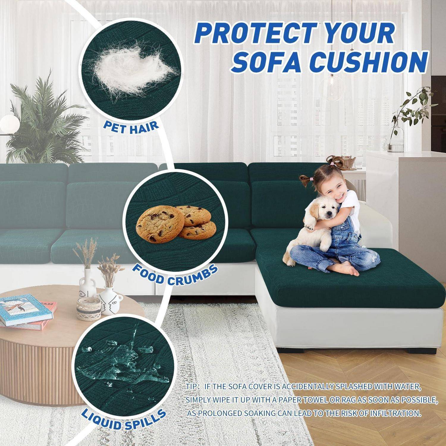 Sofa mit Kind und Hund; Text besagt „SCHÜTZEN SIE IHR SOFAKISSEN