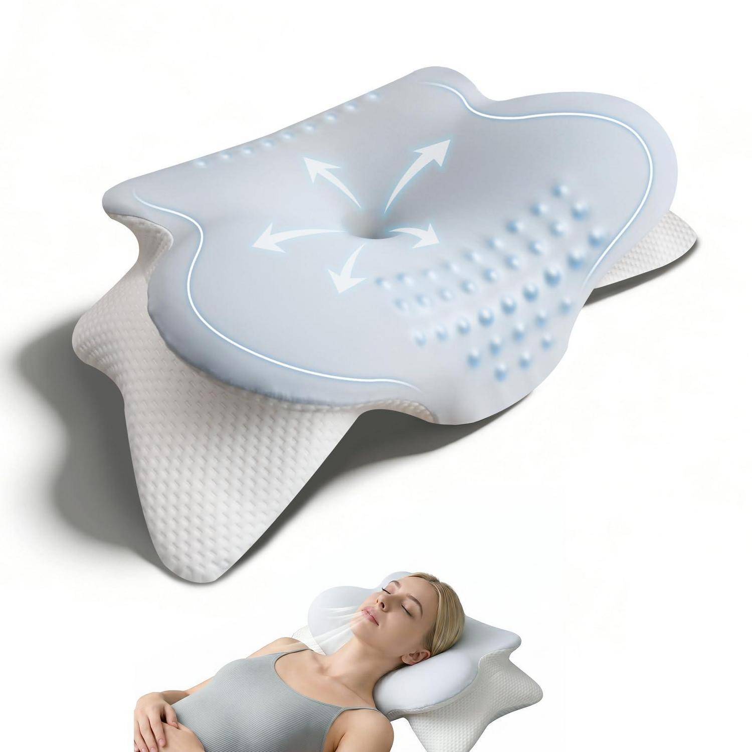 Ergonomisches Kissen mit konturierter Stützung und Kühlpfeilen; darunter schläft eine Frau auf dem Kissen und zeigt dessen Verwendung zur Kopf- und Nackenstütze.