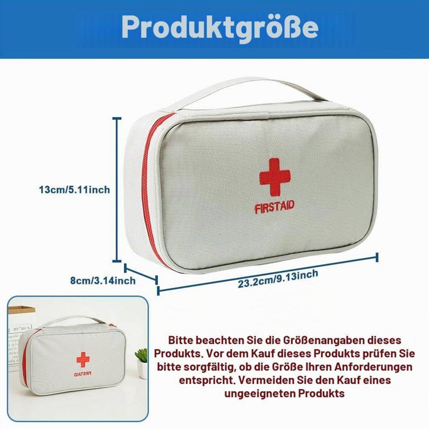 Größendiagramm eines weißen Erste-Hilfe-Sets mit der Bezeichnung „Produktgröße", das die Abmessungen 23,2 cm breit, 13 cm hoch und 8 cm tief anzeigt, mit einem kleinen Einfügungsfoto des Sets.