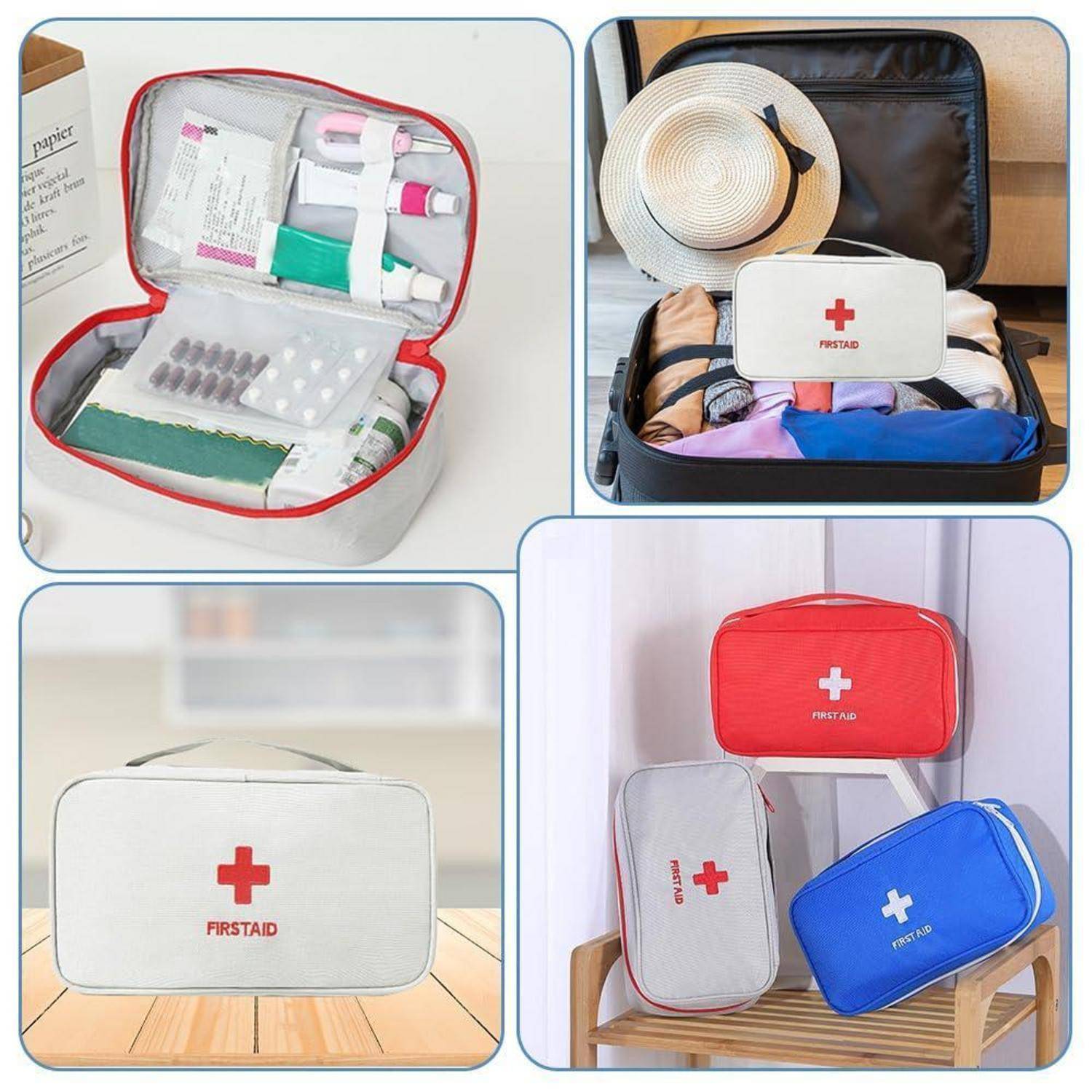 Collage von tragbaren Erste-Hilfe-Aufbewahrungstaschen und Kits, einschließlich offener Organizer mit Medizinprodukten und geschlossenen weißen, roten und blauen Koffern mit der Aufschrift „FIRSTAID".