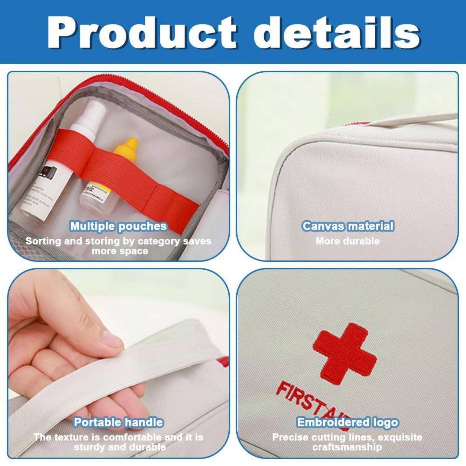 Produktdetails einer Erste-Hilfe-Tasche: mehrere Taschen für organisierte Lagerung, strapazierfähiges Segeltuchmaterial, tragbarer Griff und besticktes Erste-Hilfe-Logo.