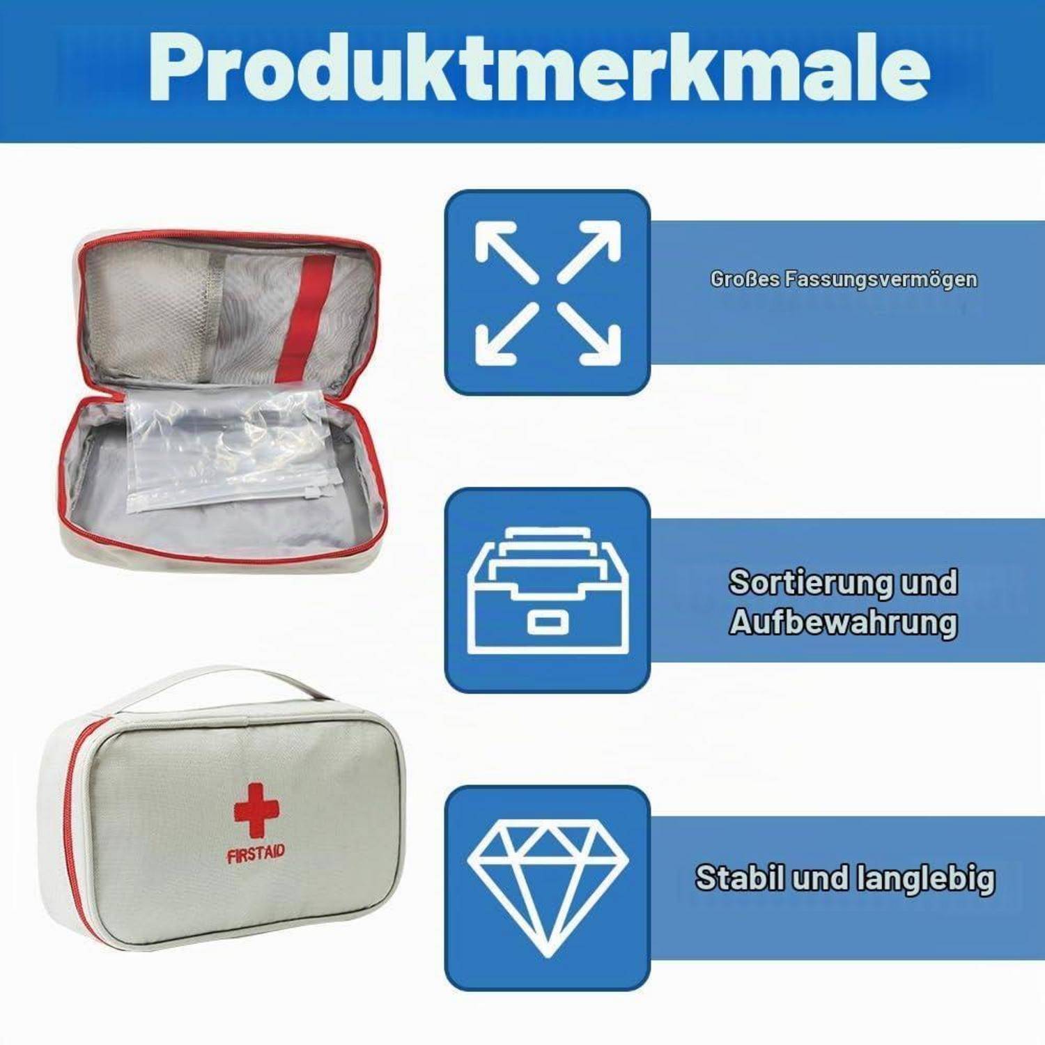 Grafik mit Produktmerkmalen einer Erste-Hilfe-Aufbewahrungstasche mit großem Fassungsvermögen, Organisationsmöglichkeiten und langlebiger Konstruktion