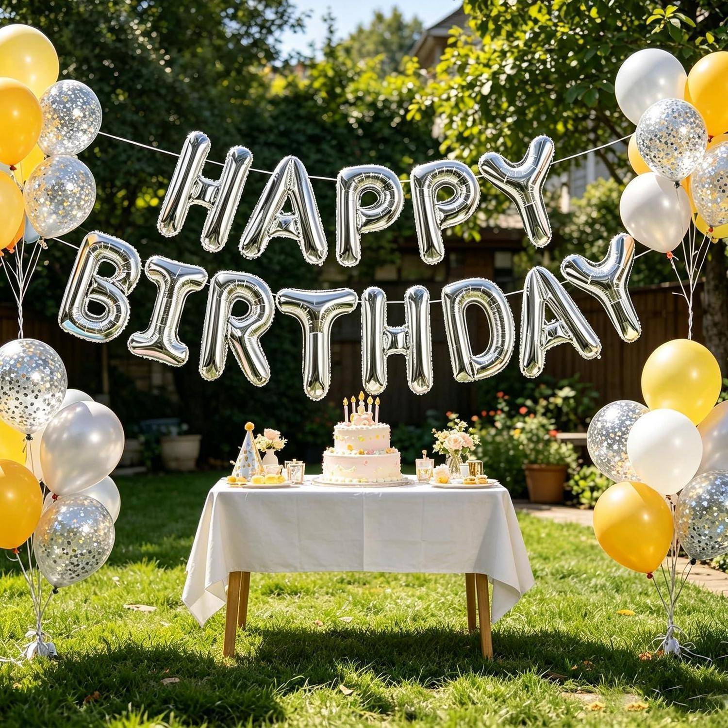 Outdoor-Geburtstagsfeier-Setup mit silbernen „HAPPY BIRTHDAY"-Luftballons, gelben und weißen Luftballontrauben und einem Kuchen auf einem Tisch im Hinterhof.