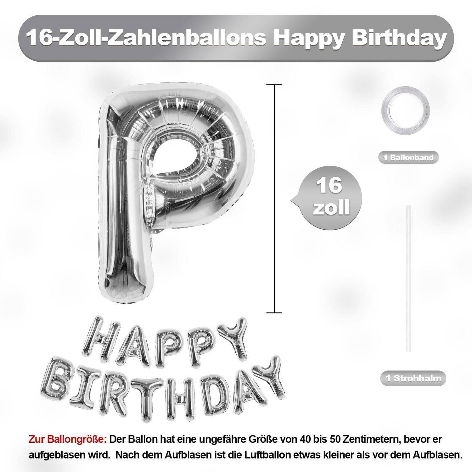 Angebot für einen 16-Zoll-silbernen Ballonbuchstaben P mit dem Text "Alles Gute zum Geburtstag"", mit Größenangabe 16 Zoll sowie inklusive Ballonband und Strohhalm.