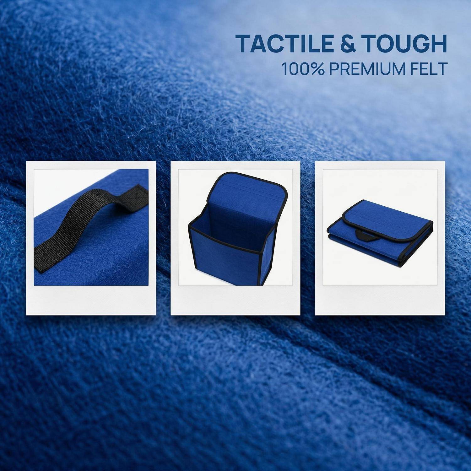 Blaues Filzprodukt mit dem Text „TACTILE & TOUGH 100% PREMIUM FELT" und drei Detailansichten, die einen Riemen, ein offenes Etui und ein gefaltetes Etui zeigen.