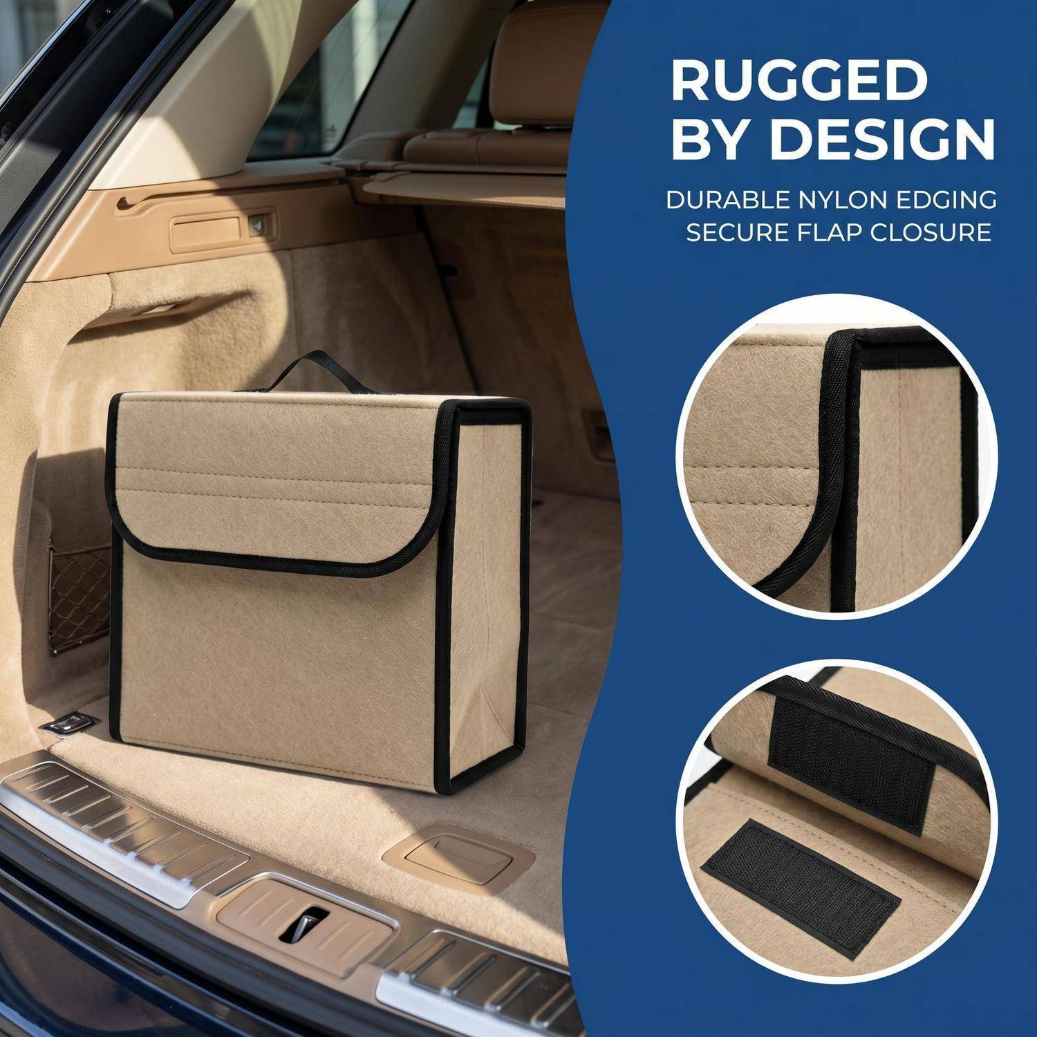 Beige-farbener Stoff-Ladesack im SUV-Kofferraum, beschriftet mit „RUGGED BY DESIGN" mit Hinweisen auf langlebige Nylon-Kanten und sichere Verschluslasche.