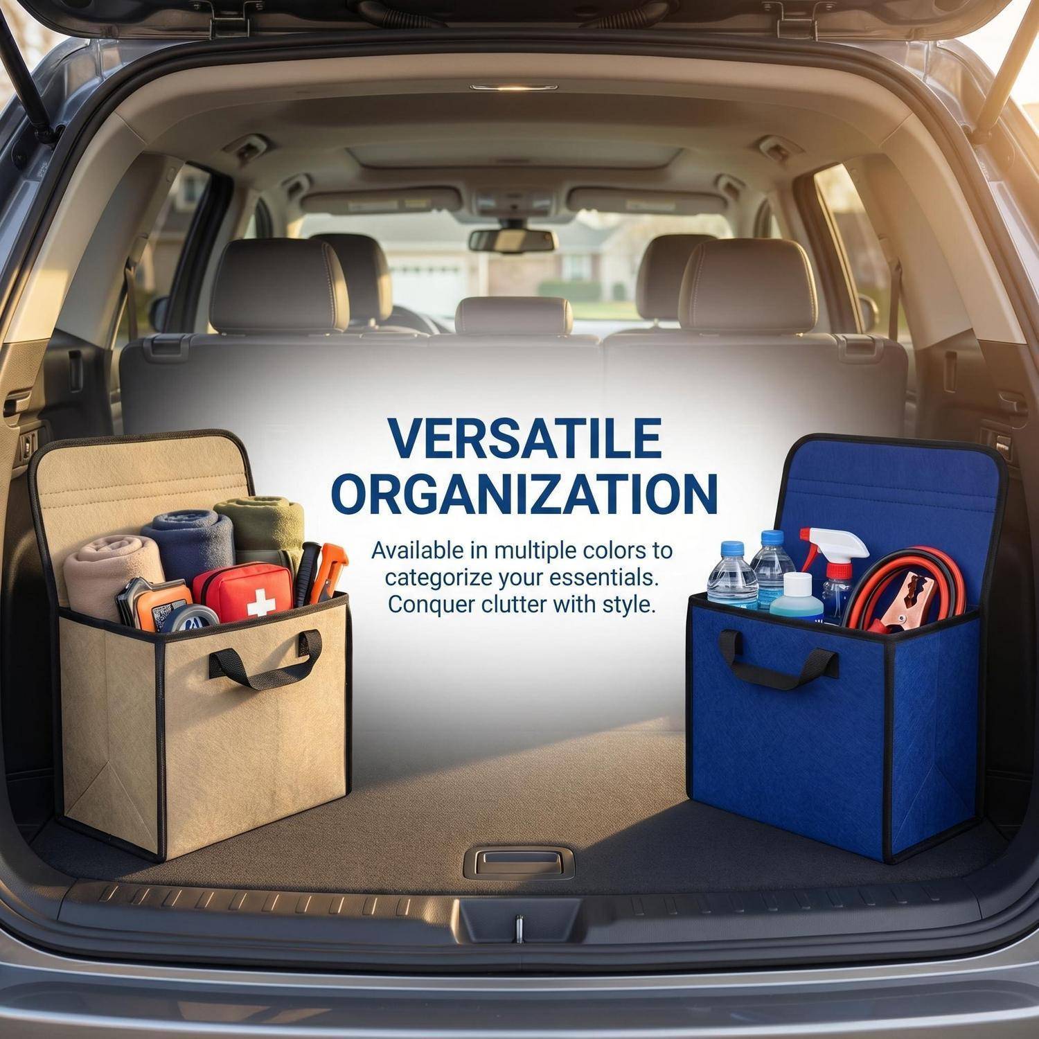 Zwei zusammenklappbare Aufbewahrungsbehälter in einem SUV-Kofferraum, dargestellt als vielseitige Organisationslösung mit dem Text: "VIELSEITIGE ORGANISATION"" und ""In mehreren Farben erhältlich, um Ihre wichtigsten Dinge zu kategorisieren. Besiegen Sie das Chaos mit Stil."