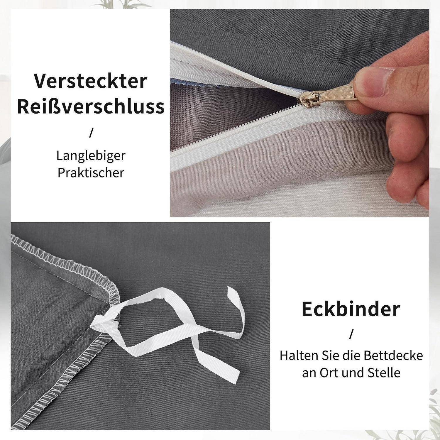 Produktkollage, die einen versteckten Reißverschluss und Eckbinder zum Befestigen einer Bettdeckenbezug zeigt; deutscher Text sagt „Versteckter Reißverschluss" und „Eckbinder"".