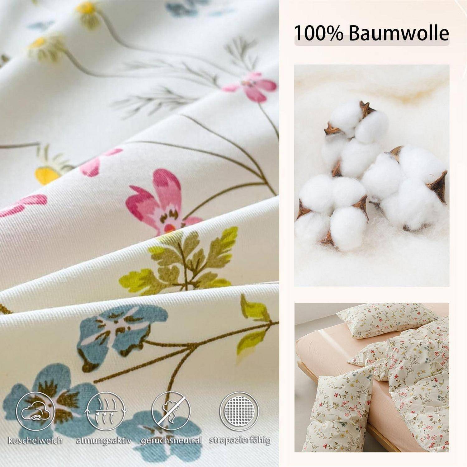 Blumenbaumwoll-Stoffmuster und Bettwäsche, gekennzeichnet mit „100% Baumwolle