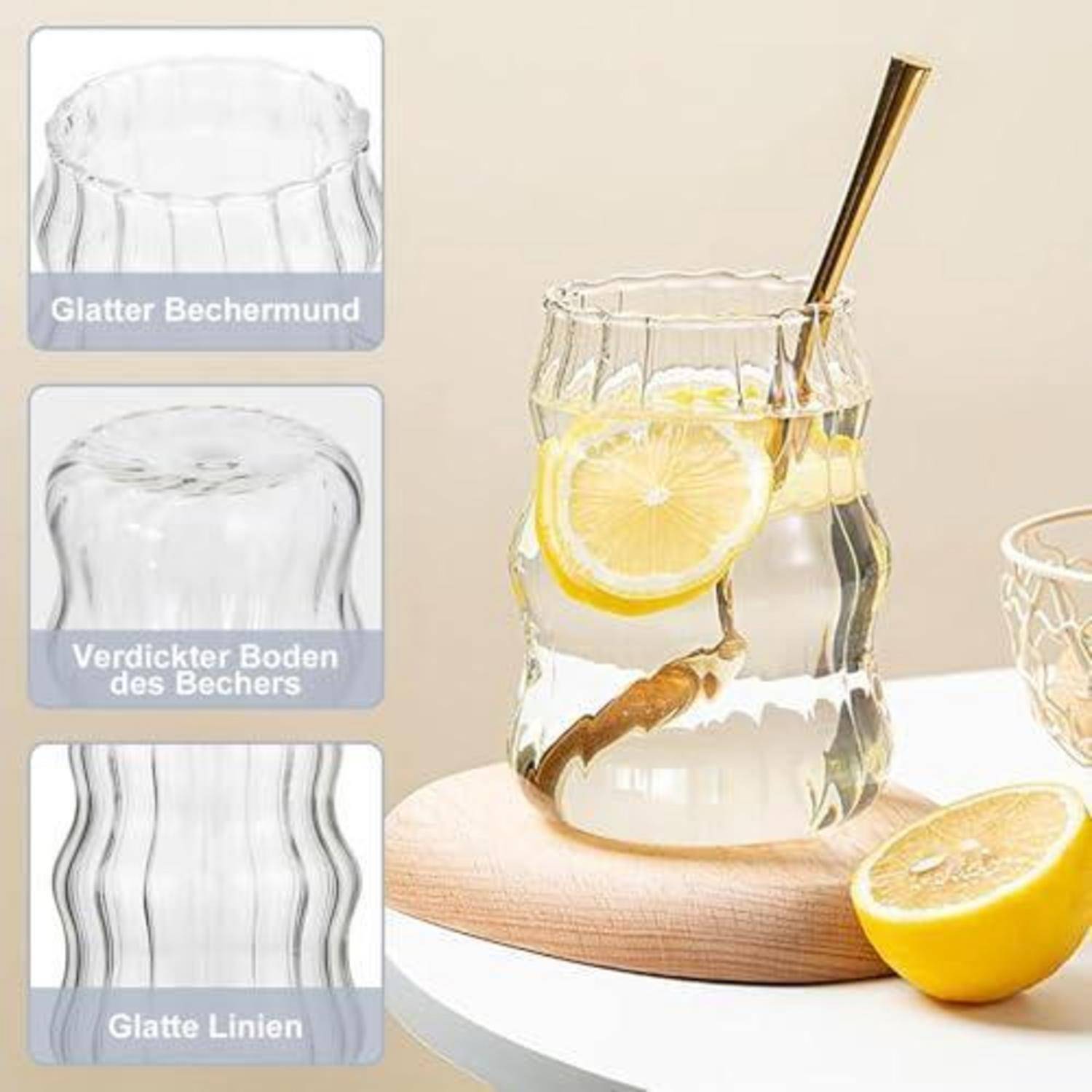 Glas mit welligen Seiten, dicker Basis und glattem Rand, dargestellt mit geschnittener Zitrone und Strohhalm, zusammen mit eingefügten Nahaufnahmen, die auf Deutsch den Rand, die Basis und die Linien kennzeichnen.