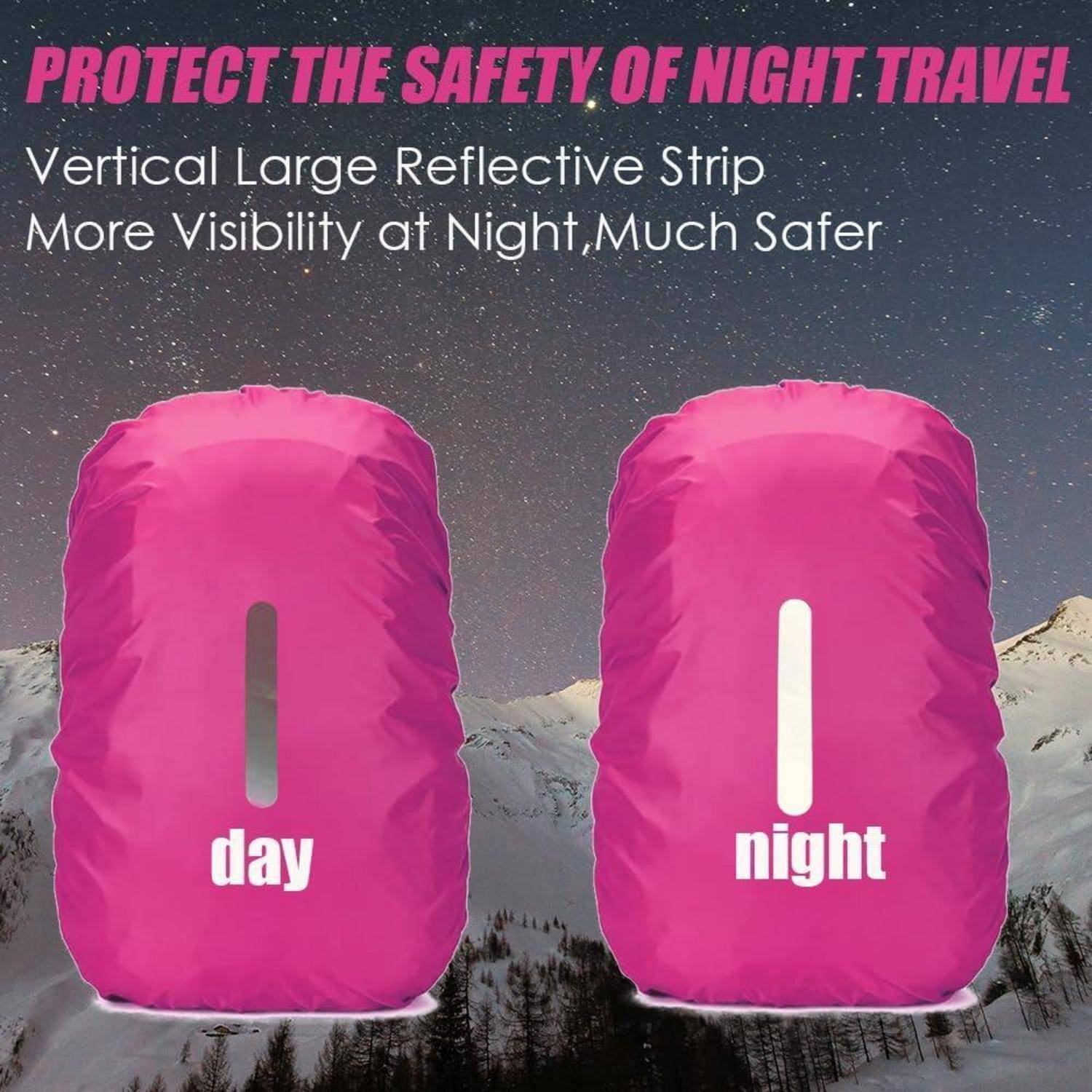 Anzeige mit zwei rosa Rucksackhüllen in Bergen bei Nacht, die einen dunklen Tageststreifen und einen hellen reflektierenden Nachtstreifen vergleichen für bessere Sichtbarkeit; Text sagt „Schützen Sie die Sicherheit von Nachtwanderungen" und „Mehr Sichtbarkeit in der Nacht, viel sicherer"".