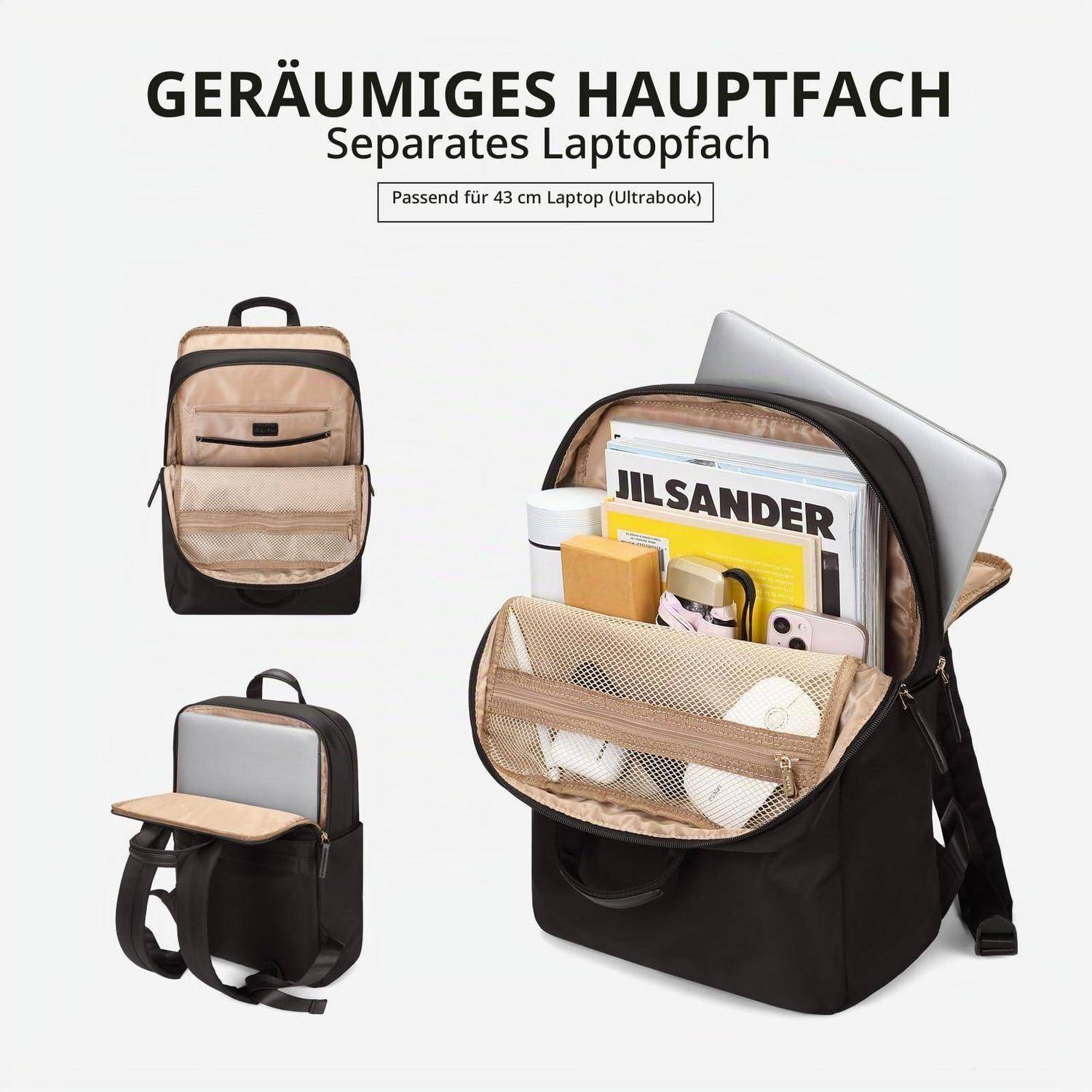 Werbebild eines Rucksacks mit einem geräumigen Hauptfach und separatem Laptopfach, beschriftet auf Deutsch als passend für einen 43 cm Laptop (Ultrabook).