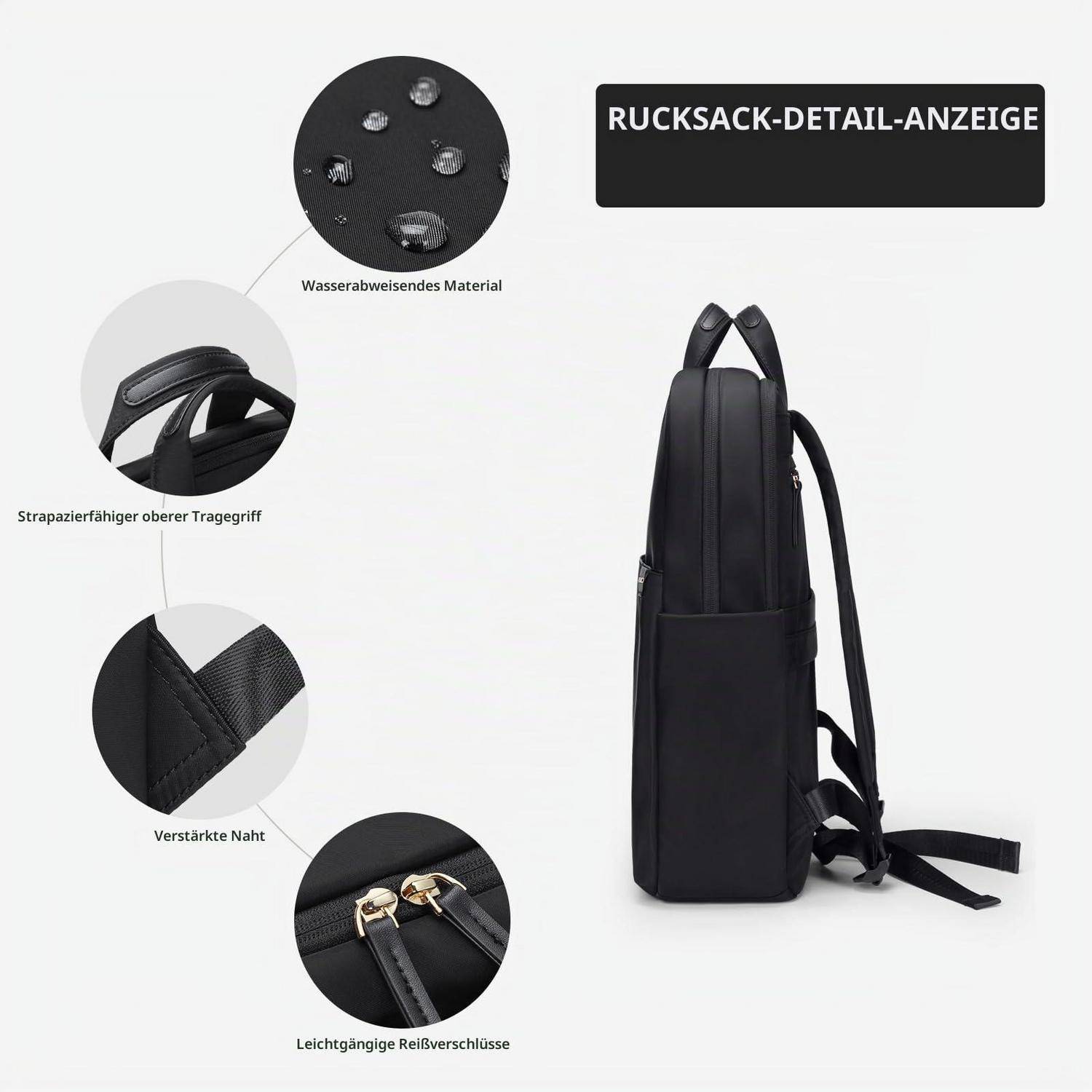 Schwarzer Rucksack-Detaildarstellung mit wasserbeständigem Material, verstärkten Nähten, strapazierfähigem Griff und glatten Reißverschlüssen.