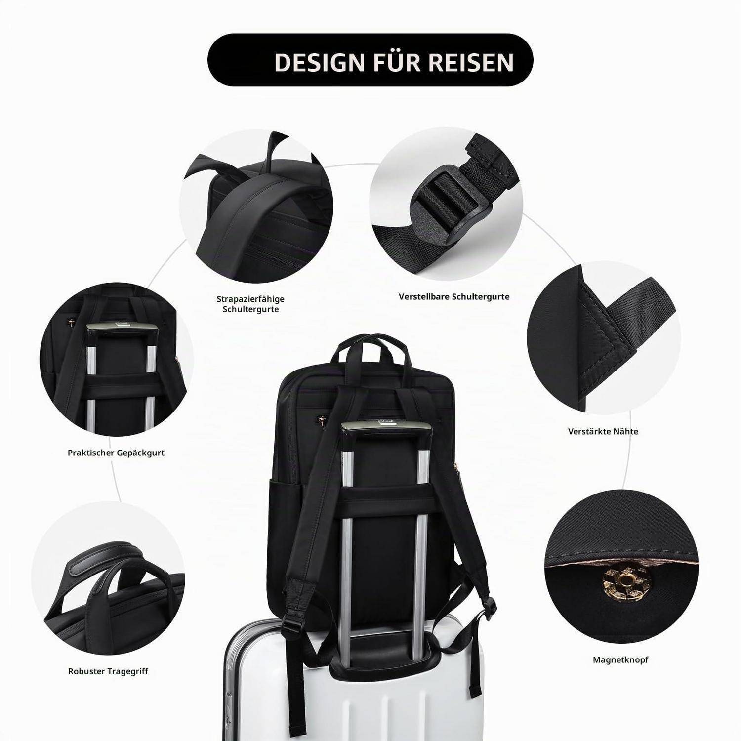 Schwarzer Reiserucksack mit Trolleyschacht und Funktionsmerkmalen: strapazierfähige Schultergurte, verstellbare Brustgurte, verstärkte Nähte, Gepäckgurt, robuster Griff und magnetischer Knopfverschluss.