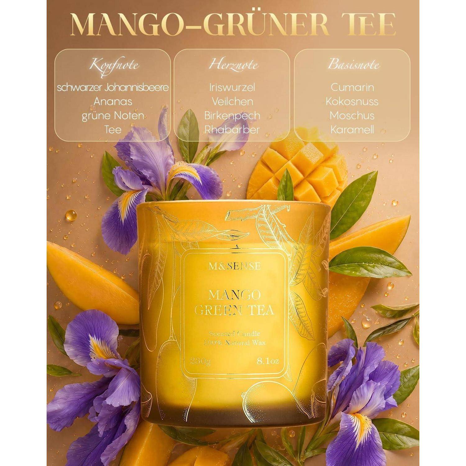 Goldenes Mango-Grüntee-Kerzenglasaus mango scheiben und lila blüten; deutscher Text listet oben-, herz- und basis-duftnoten auf.