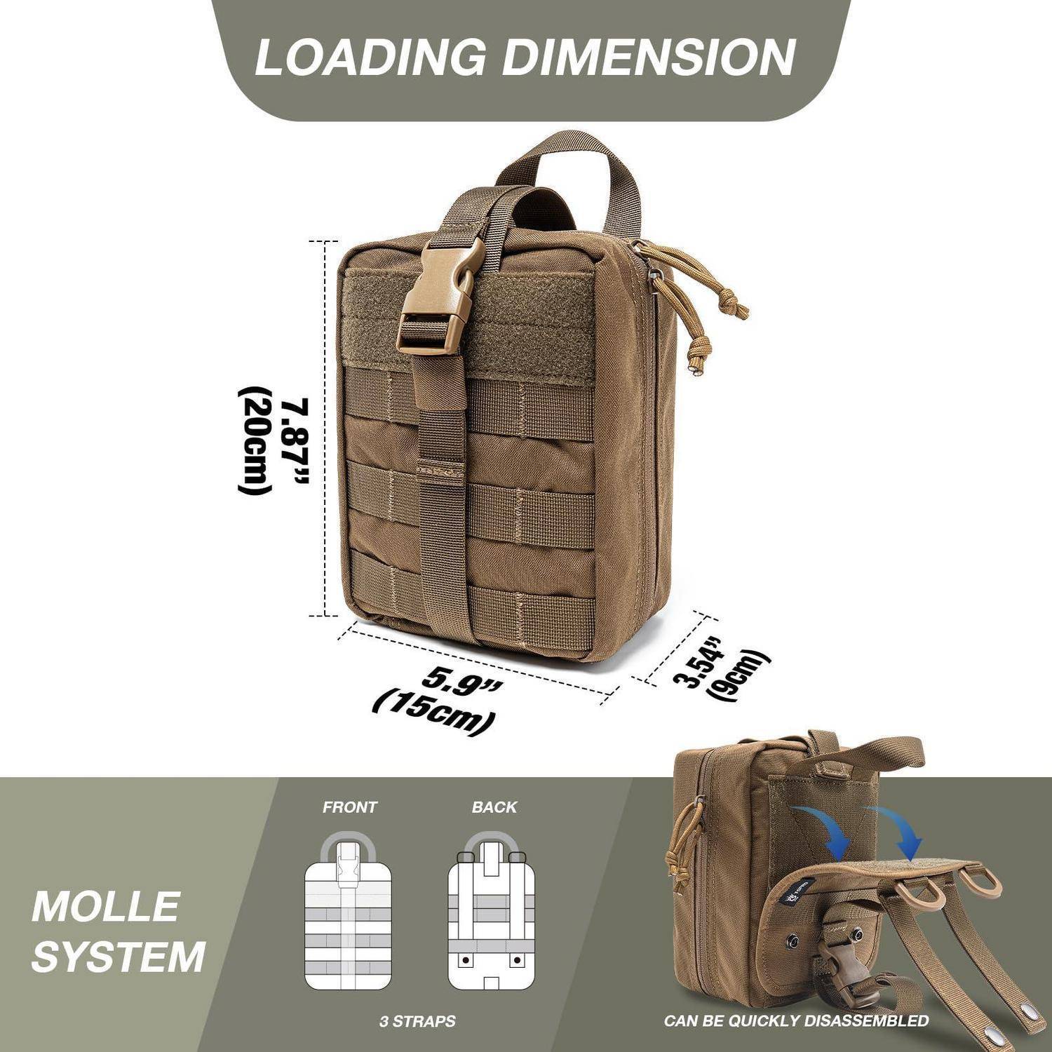 Taktische MOLLE-Tasche mit Abmessungen zum Beladen: 7,87 x 5,9 x 3,54 Zoll, zusätzlich Diagramme für vordere/hintere Riemen und Schnellzerlegungsillustration.